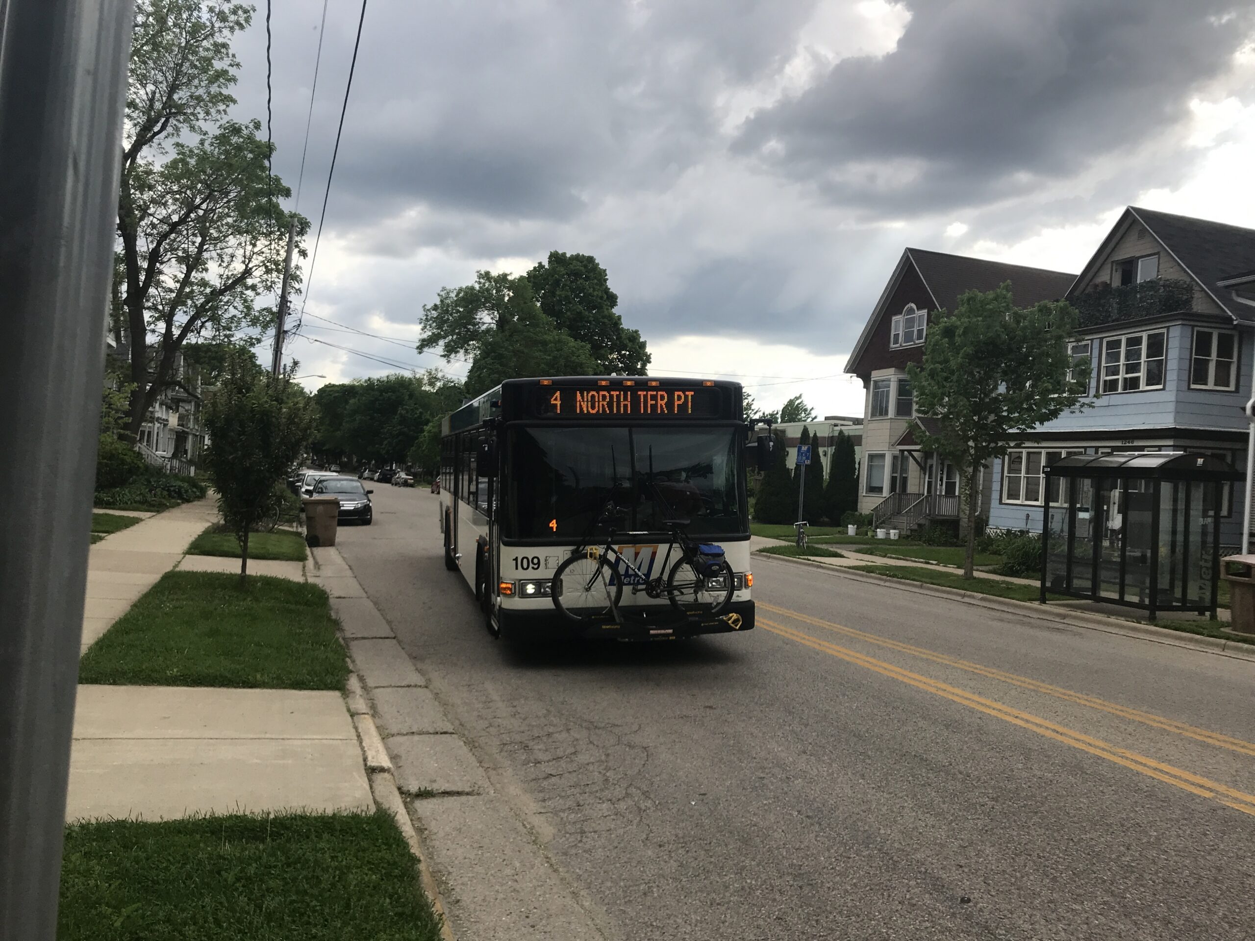 A bus rolls to a stop in Madison