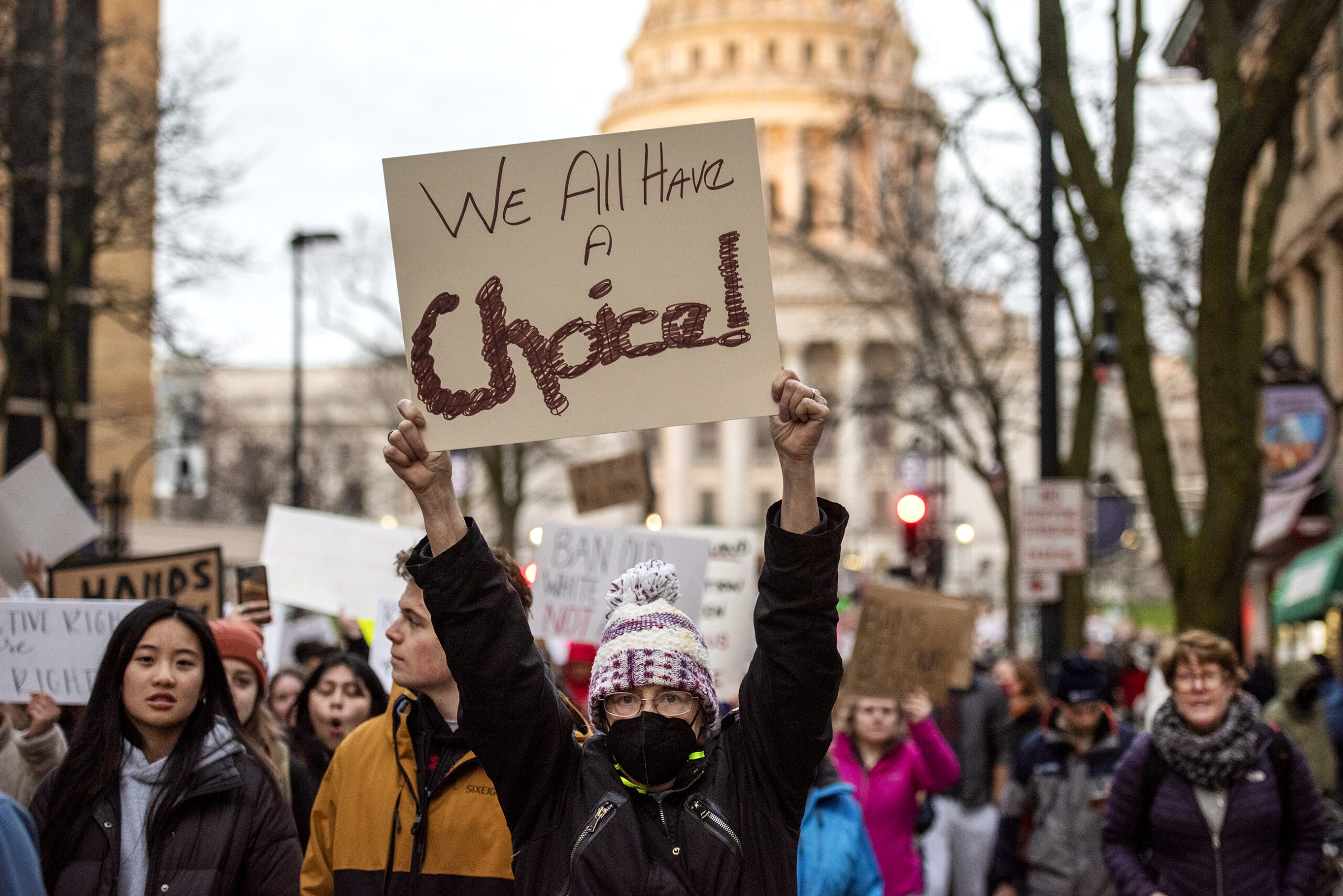 A protester's sign says "We all have a choice!" The Capitol can be seen behind them.