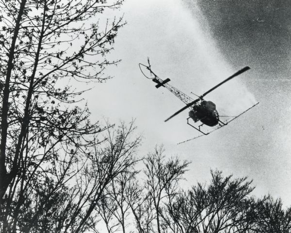 A helicopter spraying DDT on trees