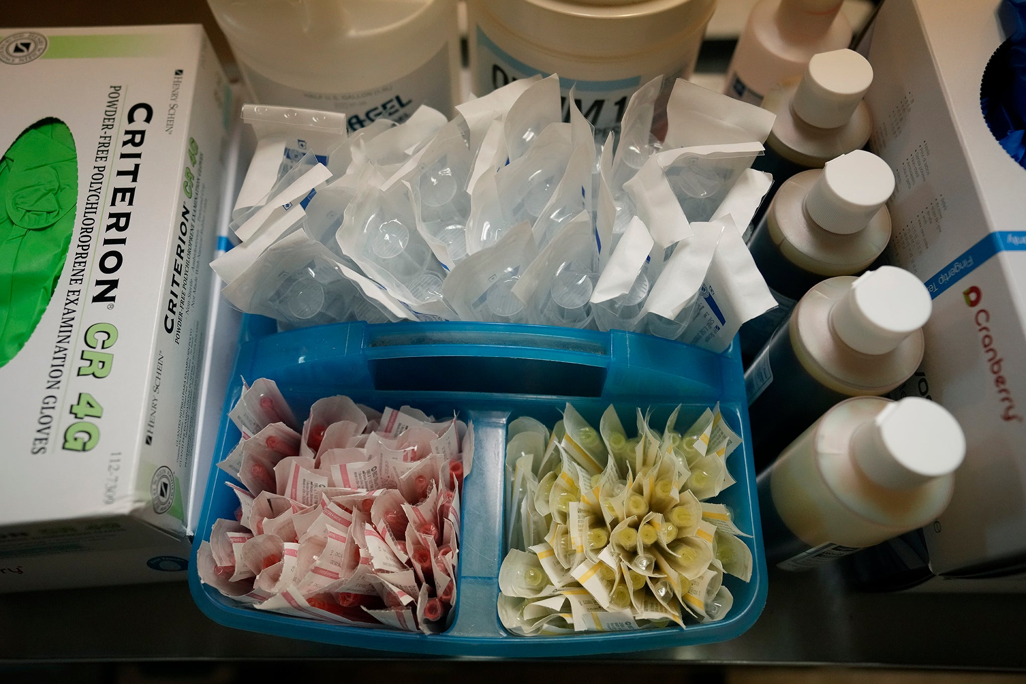 Supplies sit on a cart in a procedure room where doctors perform abortions