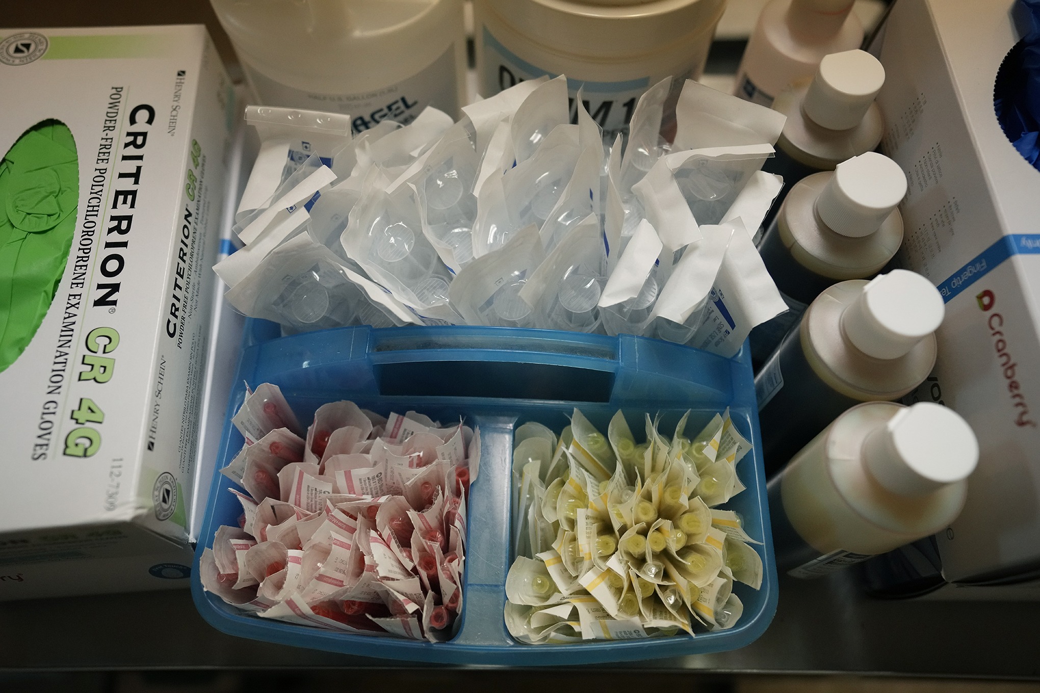 Supplies sit on a cart in a procedure room where doctors perform abortions