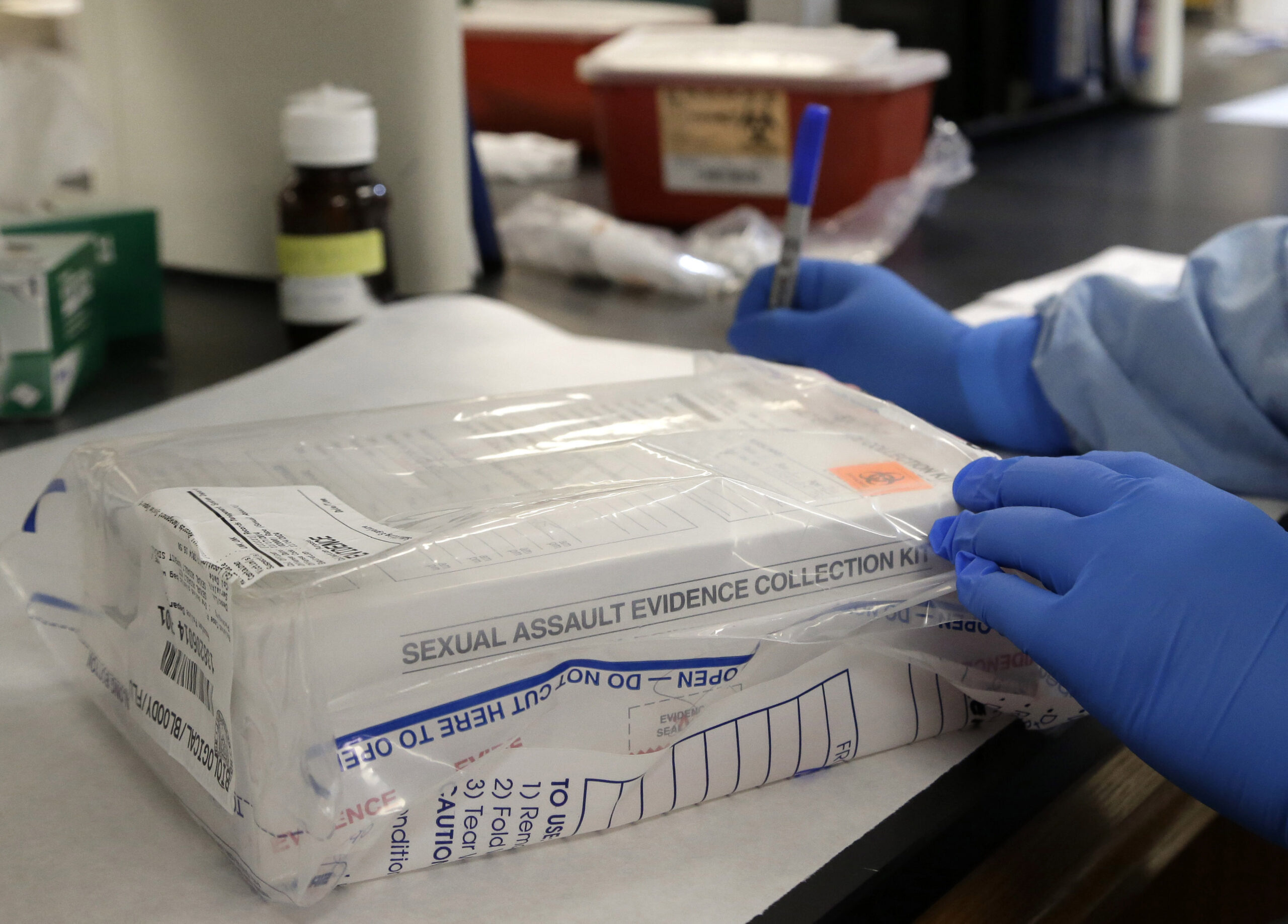 A sexual assault kit is logged in a lab