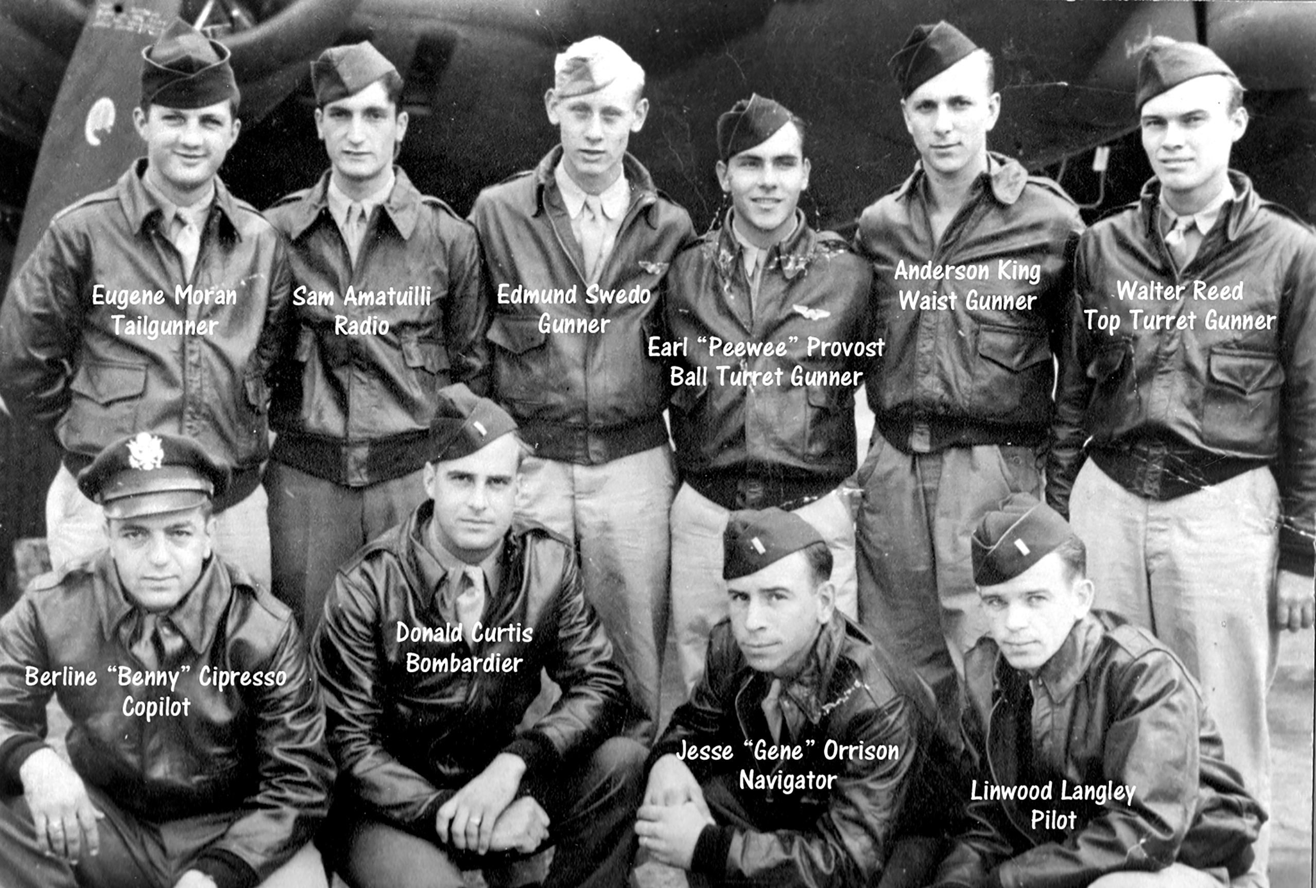 The crew of a bomber that Gene Moran flew on in World War II. The 10 men pose in the black and white photo.