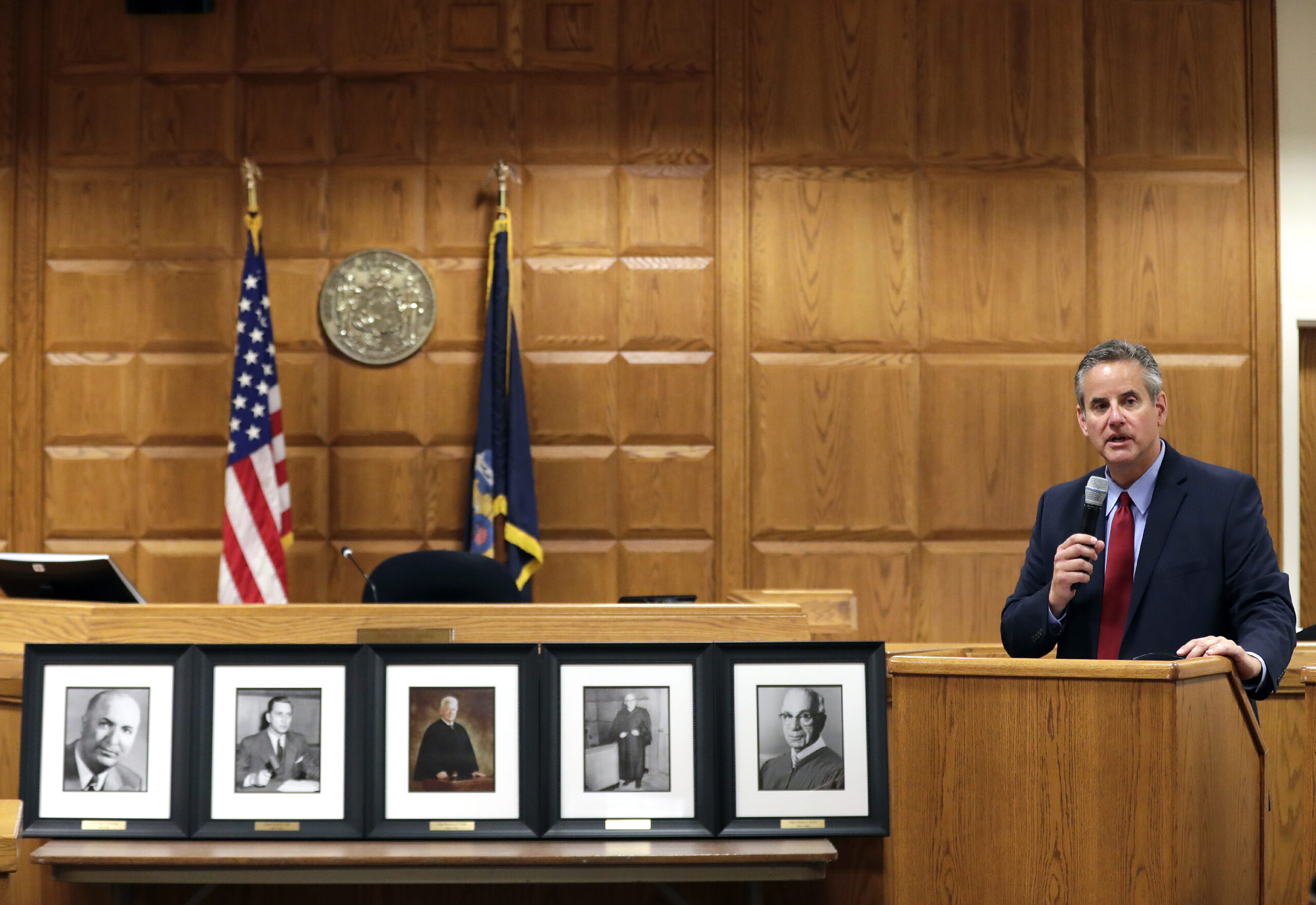 Biskupic speaks during the Outagamie County judicial portrait ceremony