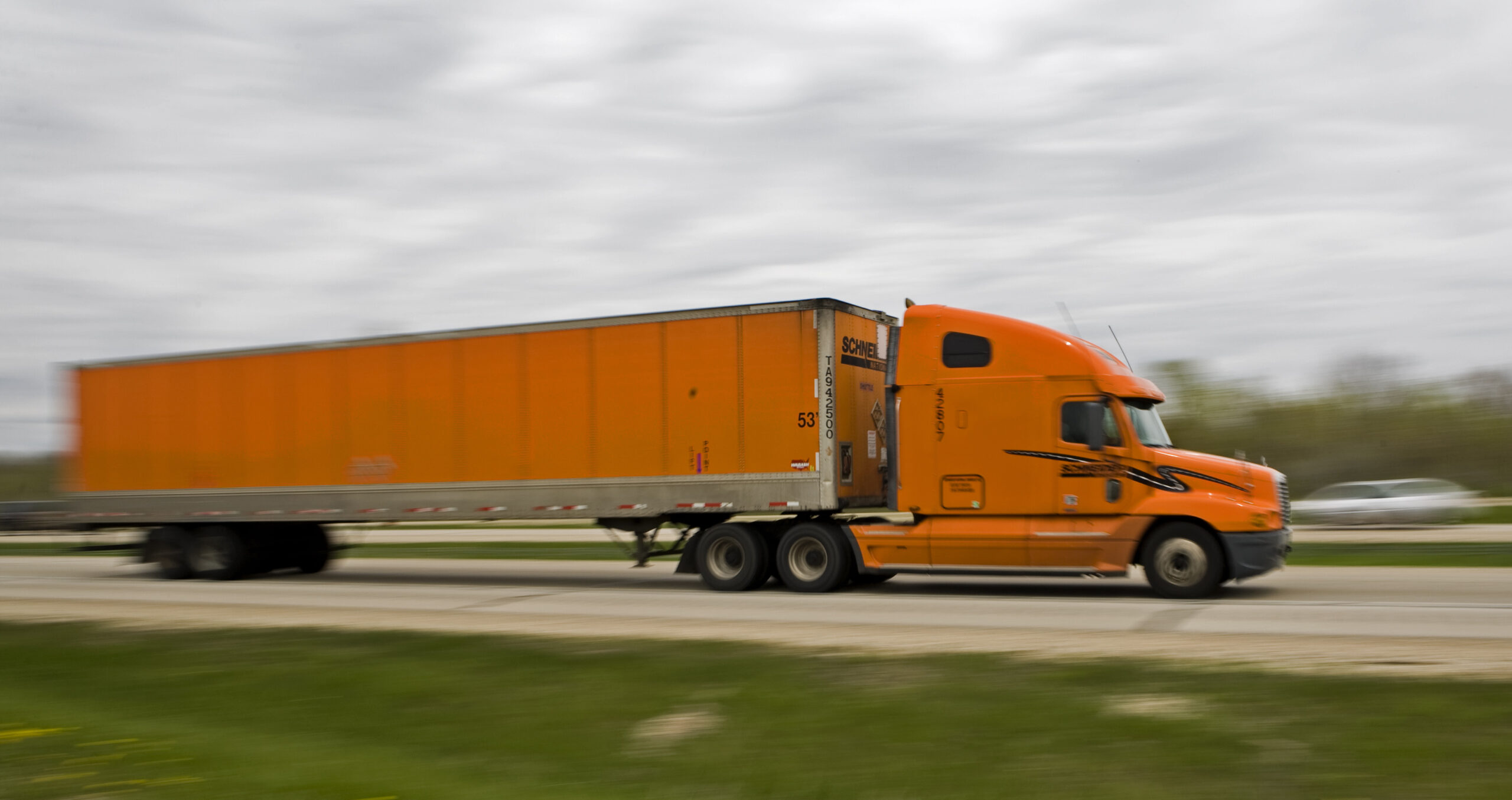 A Schneider truck drives on Highway 41 in Wisconsin