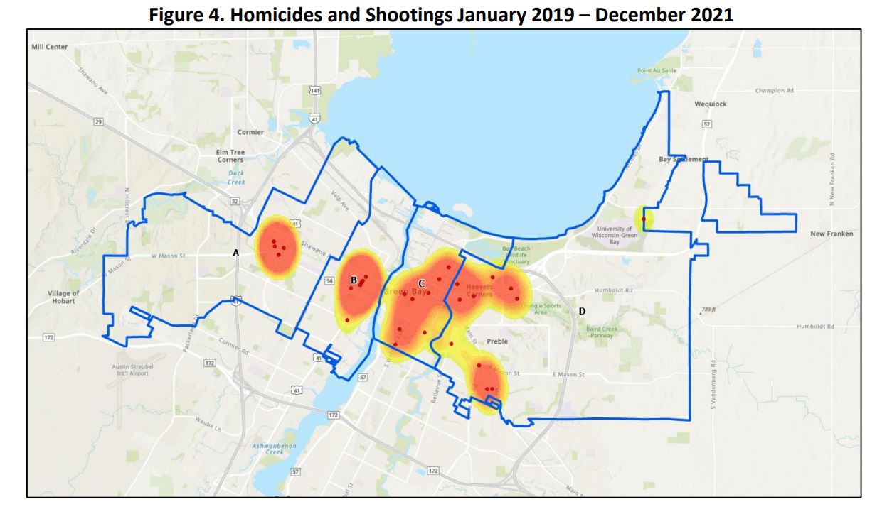 A map provided in a report by the National Institute for Criminal Justice Reform shows the locations of shootings in Green Bay from January 2019 through December 2021.