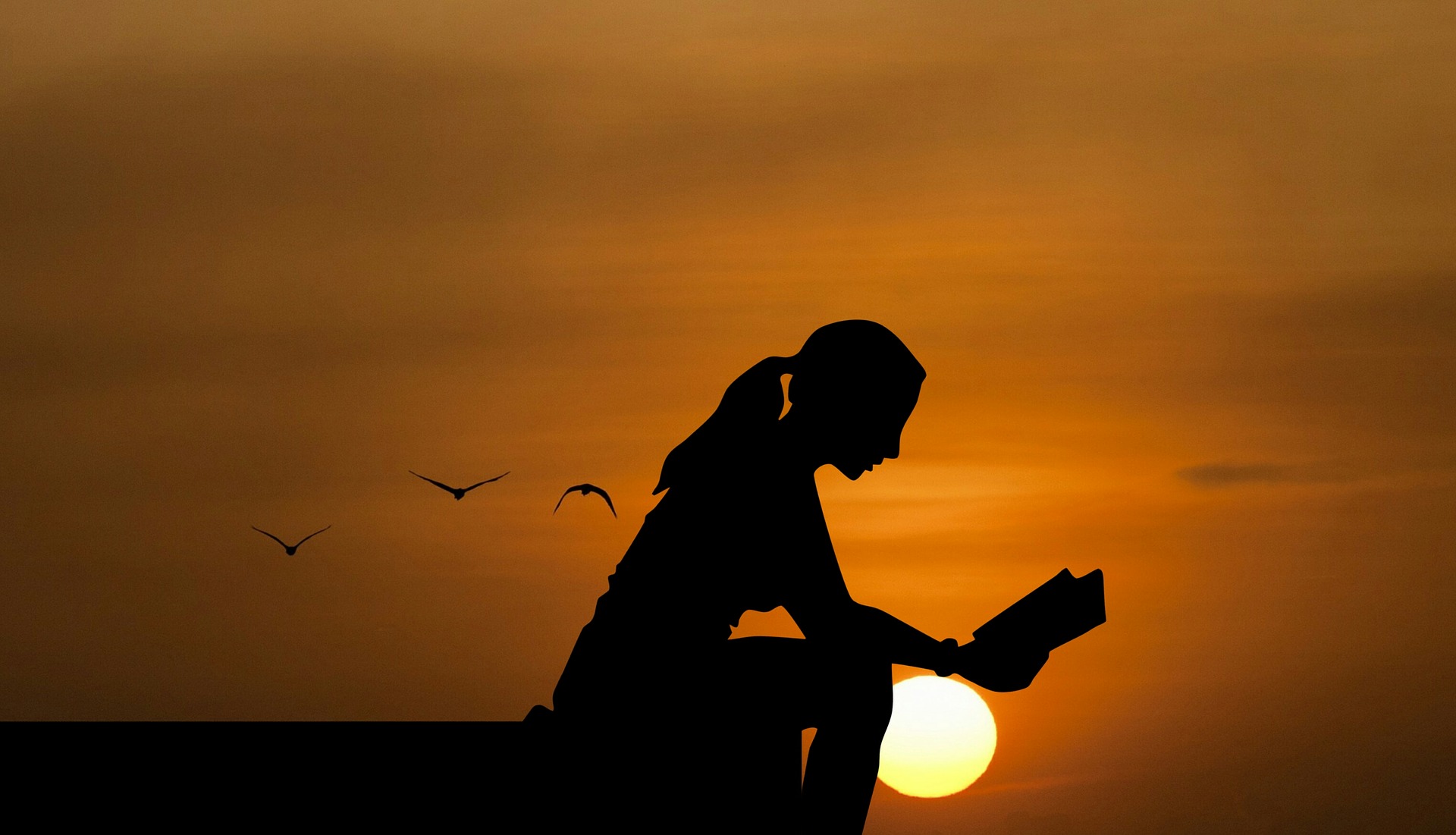Woman reading at sunset.