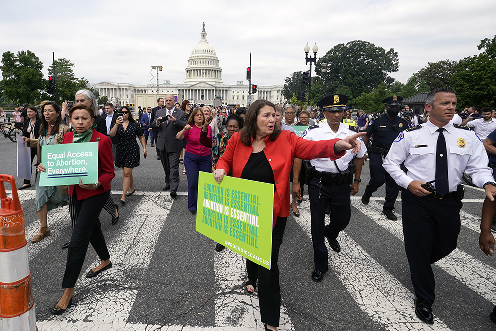 Members of the House of Representatives walk from the Capitol to the Supreme Court to protest the abortion decision