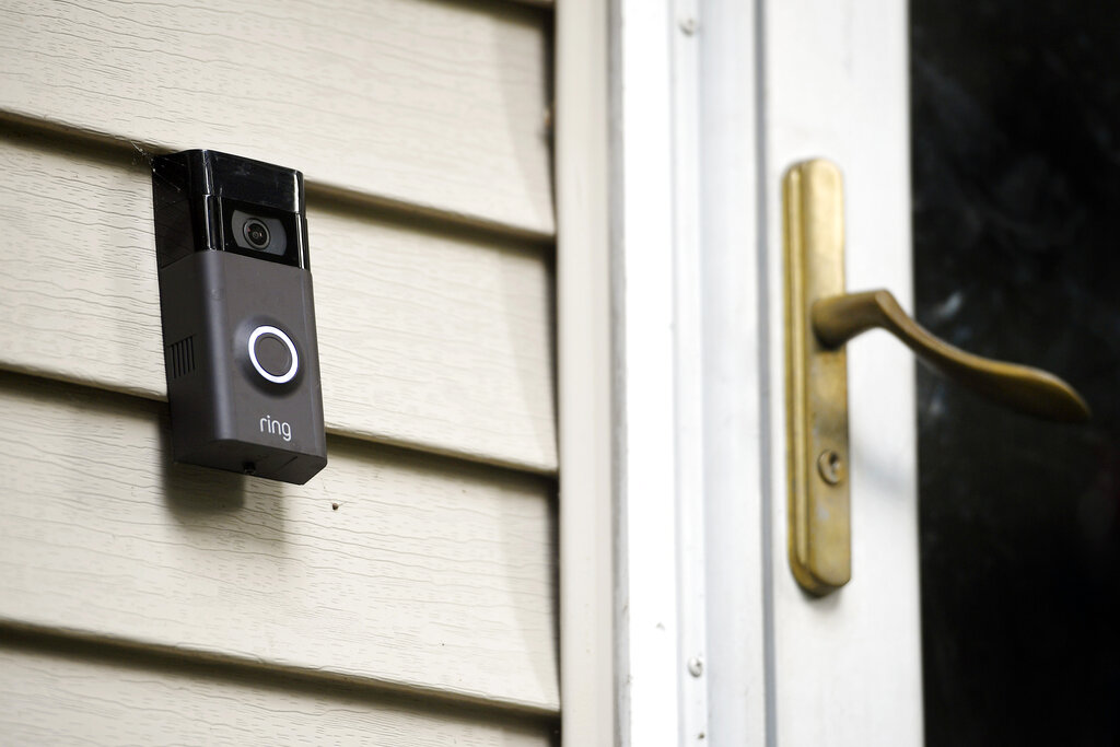 A Ring doorbell camera is seen installed outside a home in Wolcott, Conn., on July 16, 2019. Amazon has provided Ring doorbell footage to law enforcement 11 times this year without the user’s permission, a revelation that’s bound to raise more privacy and