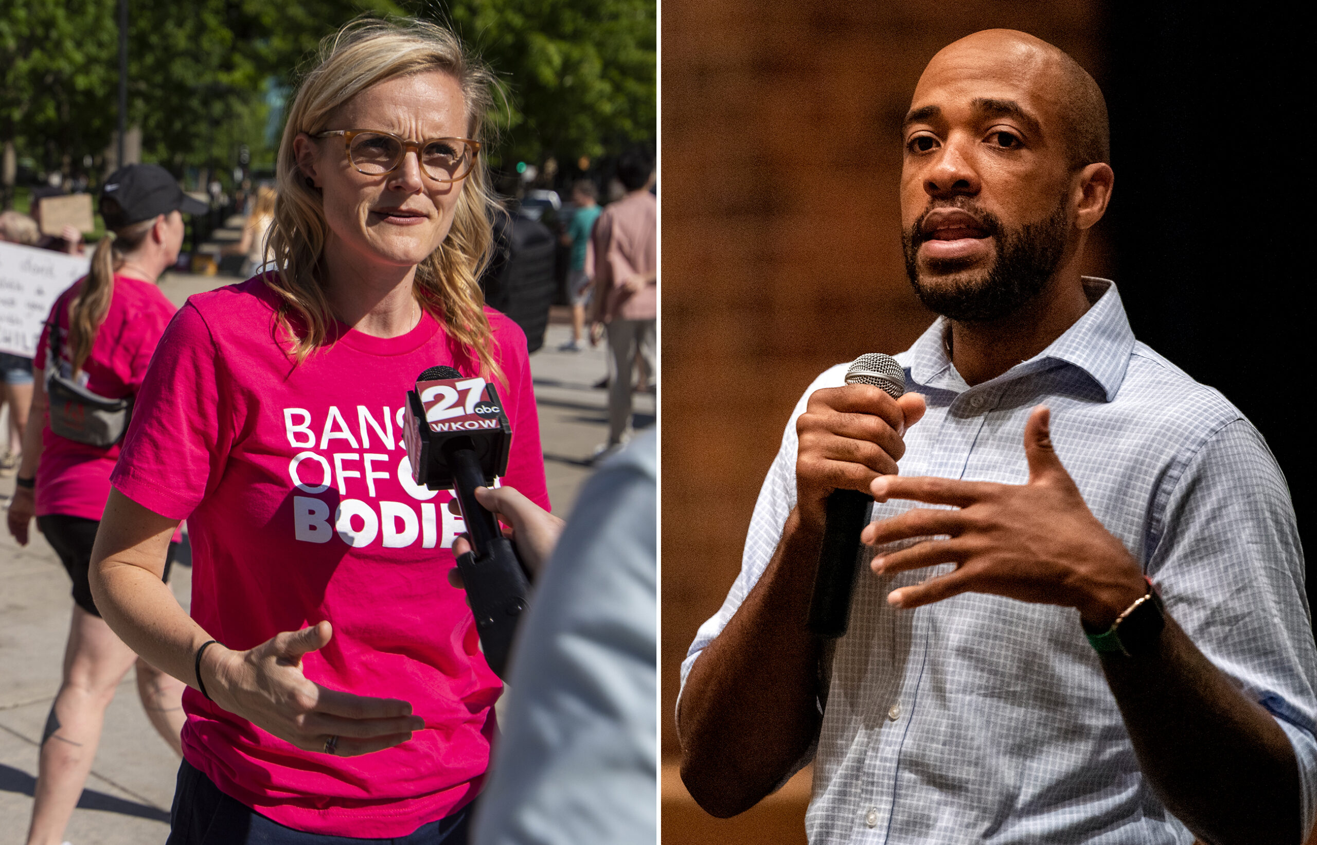 A collage showing photos of Sarah Godlewski and Mandela Barnes campaigning.