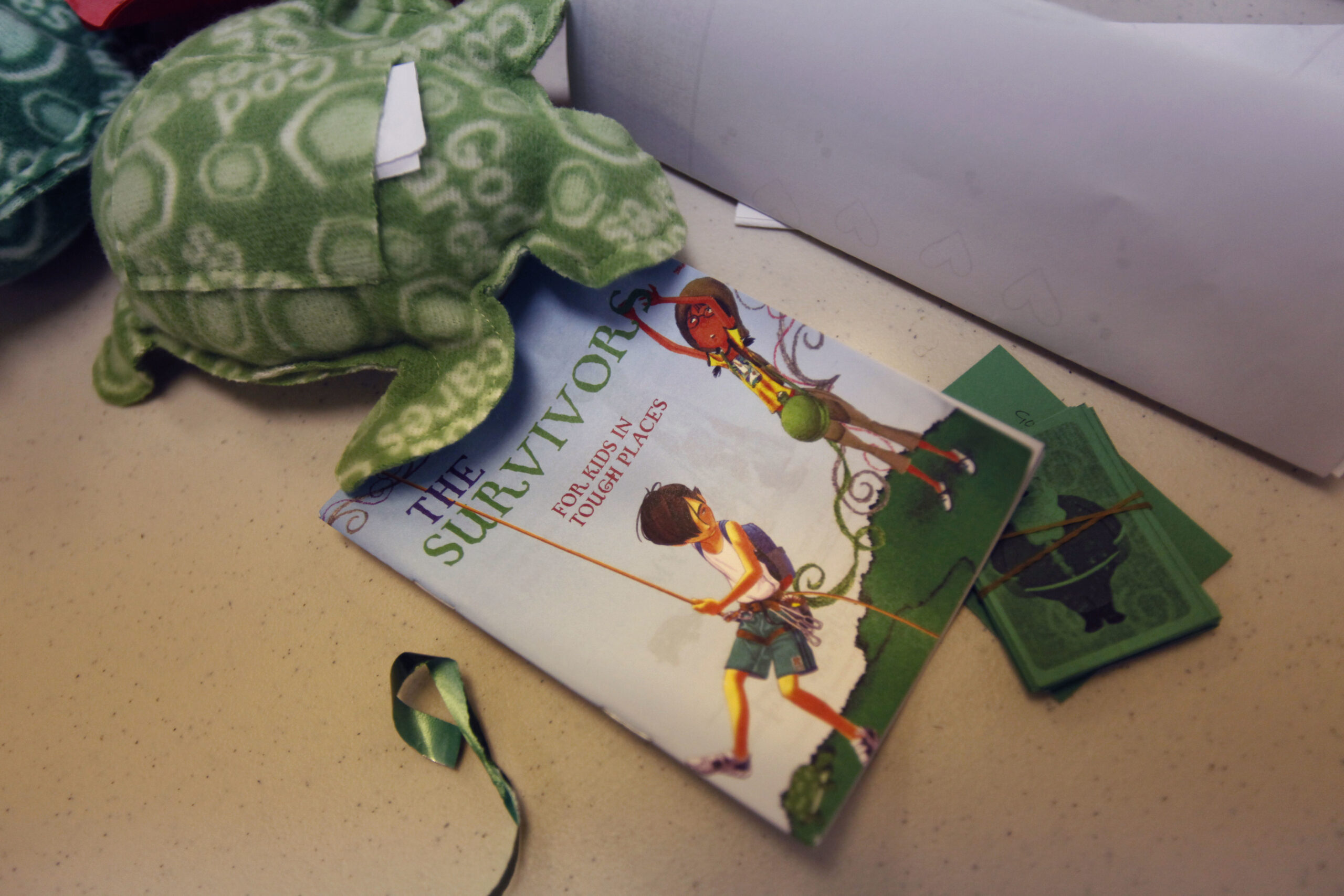 A children's book about coping is seen with a toy stuffed turtle as family members of prisoners