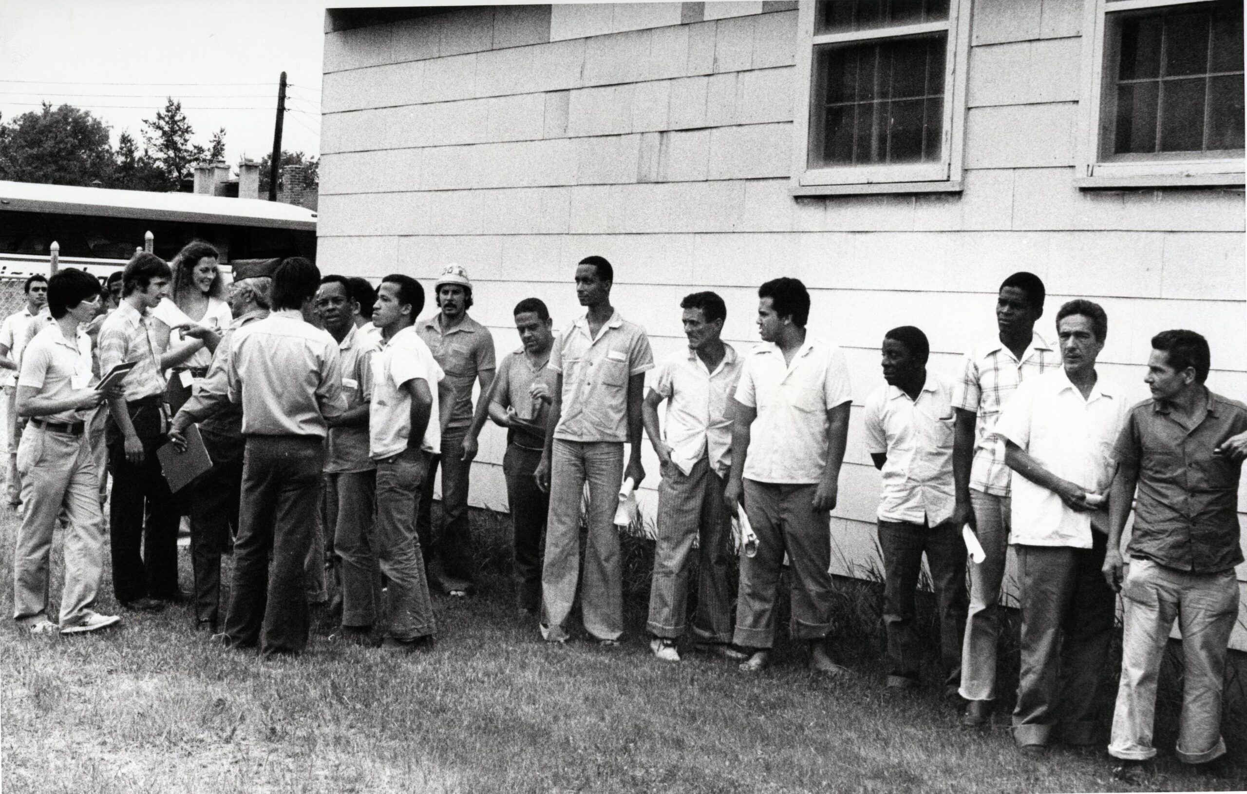 Cuban refugees standing in line at Fort McCoy