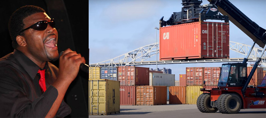 Gabe Mayfield (pictured left) singing, photo courtesy of Gabe Mayfield. On the right, container cargo is being handled at the Port of Duluth-Superior, with the Blatnik Bridge in the distance. Photo courtesy of Duluth Cargo Connect.