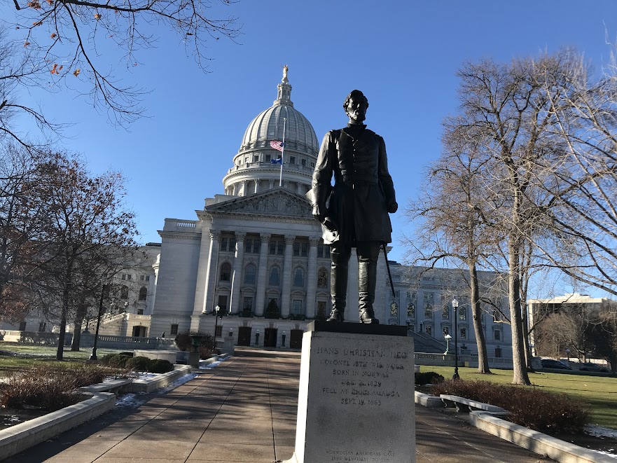 Hans Christian Heg statute in front of the Wisconsin State Capitol