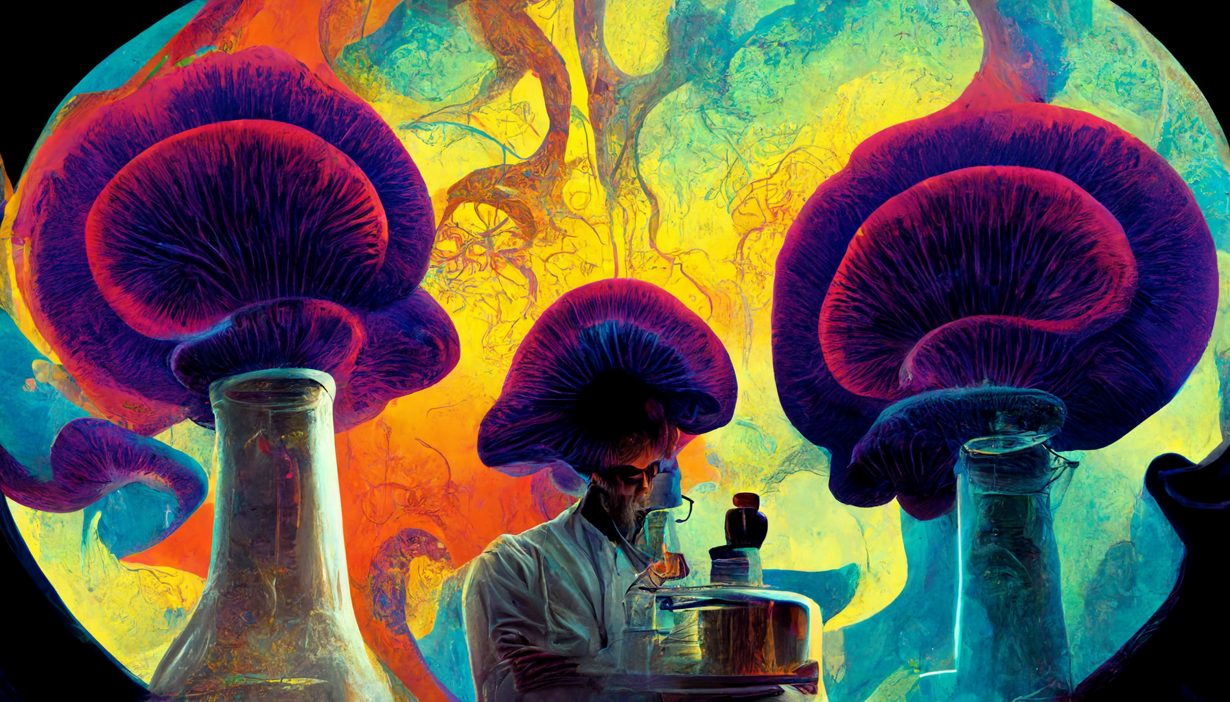 an illustration of a scientist synthesizing mushrooms in a lab.