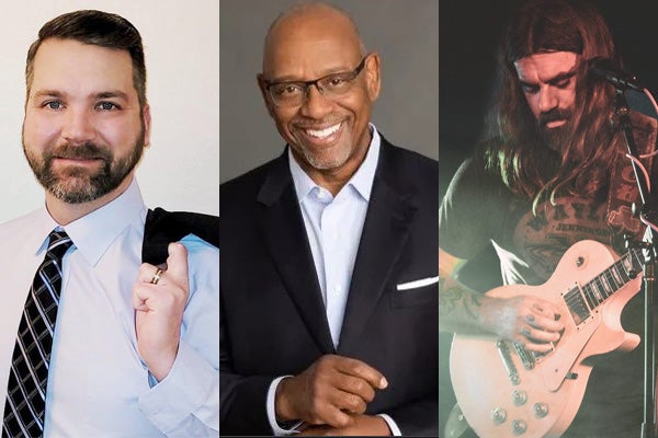 Candidate for Douglas County Sheriff Matthew Izzard (pictured left,) Cedric Alexander (pictured center) a national policing expert and (far left) Musician, Singer-Songwriter Gregg Hall