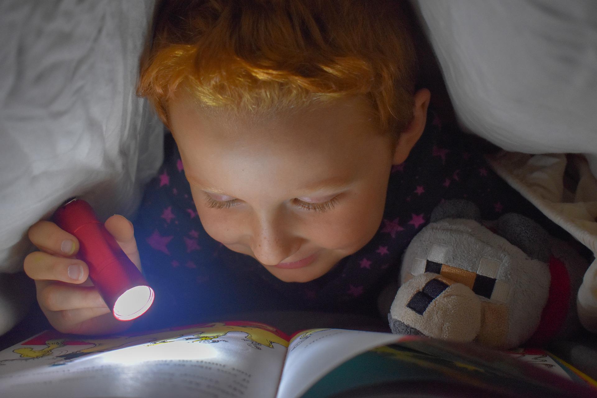 Youngster reading in bed with a flashlight.