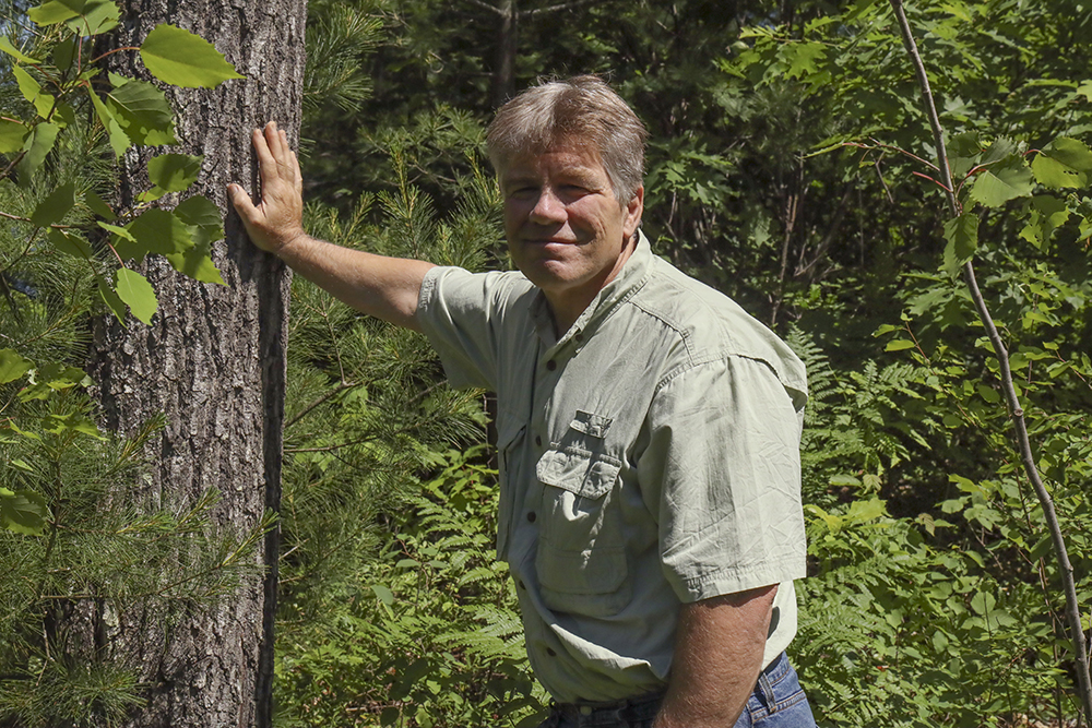 John Schwarzmann, a retired Wisconsin state forester, leans on a tree trunk
