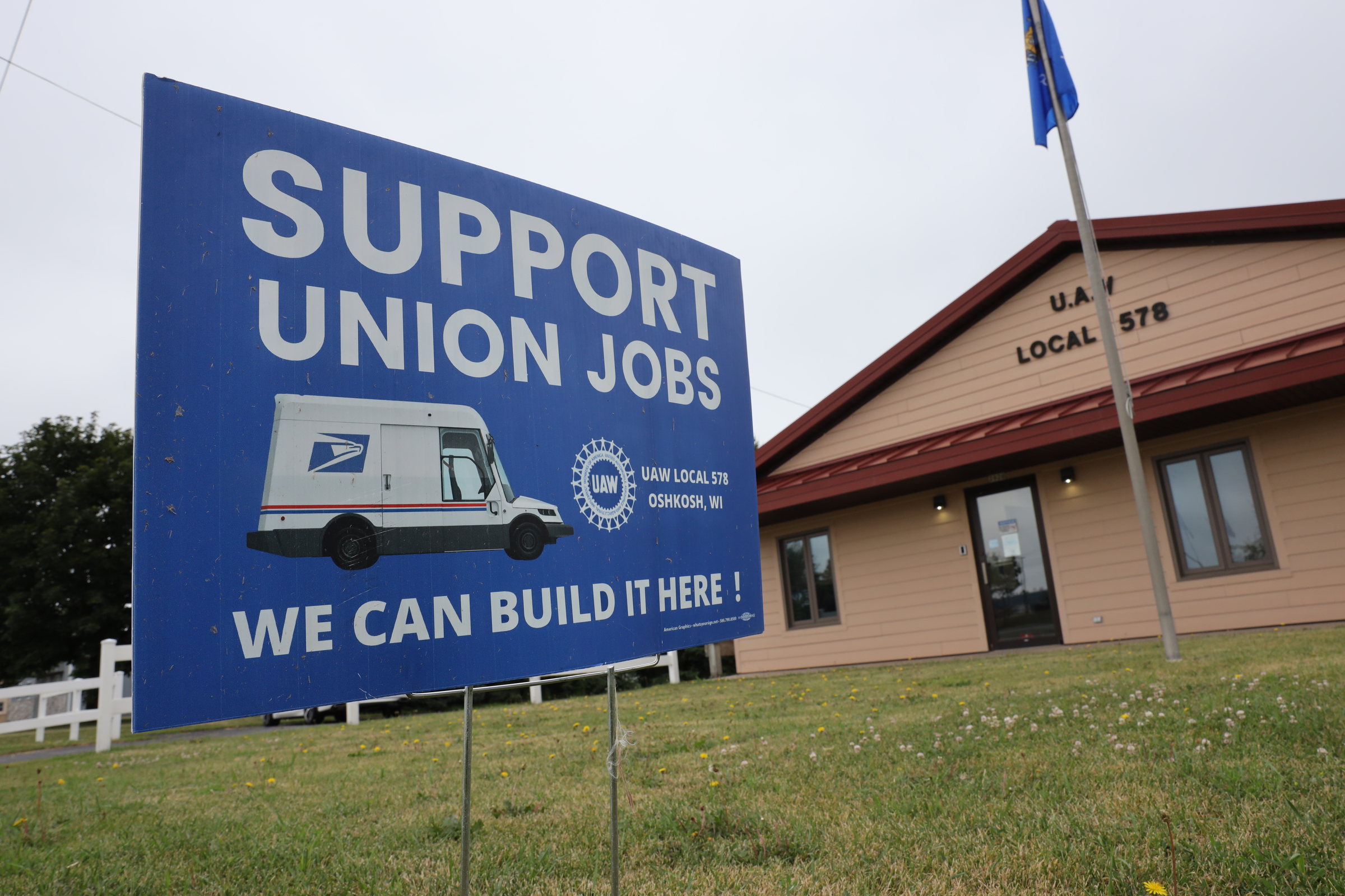 A pro-union sign is seen in front of the United Auto Workers Union building in Oshkosh
