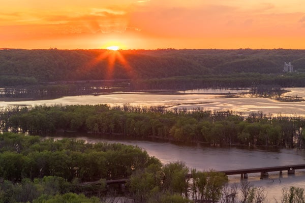 A view over the Mississippi River at sunset in Wyalusing, Wisconsin