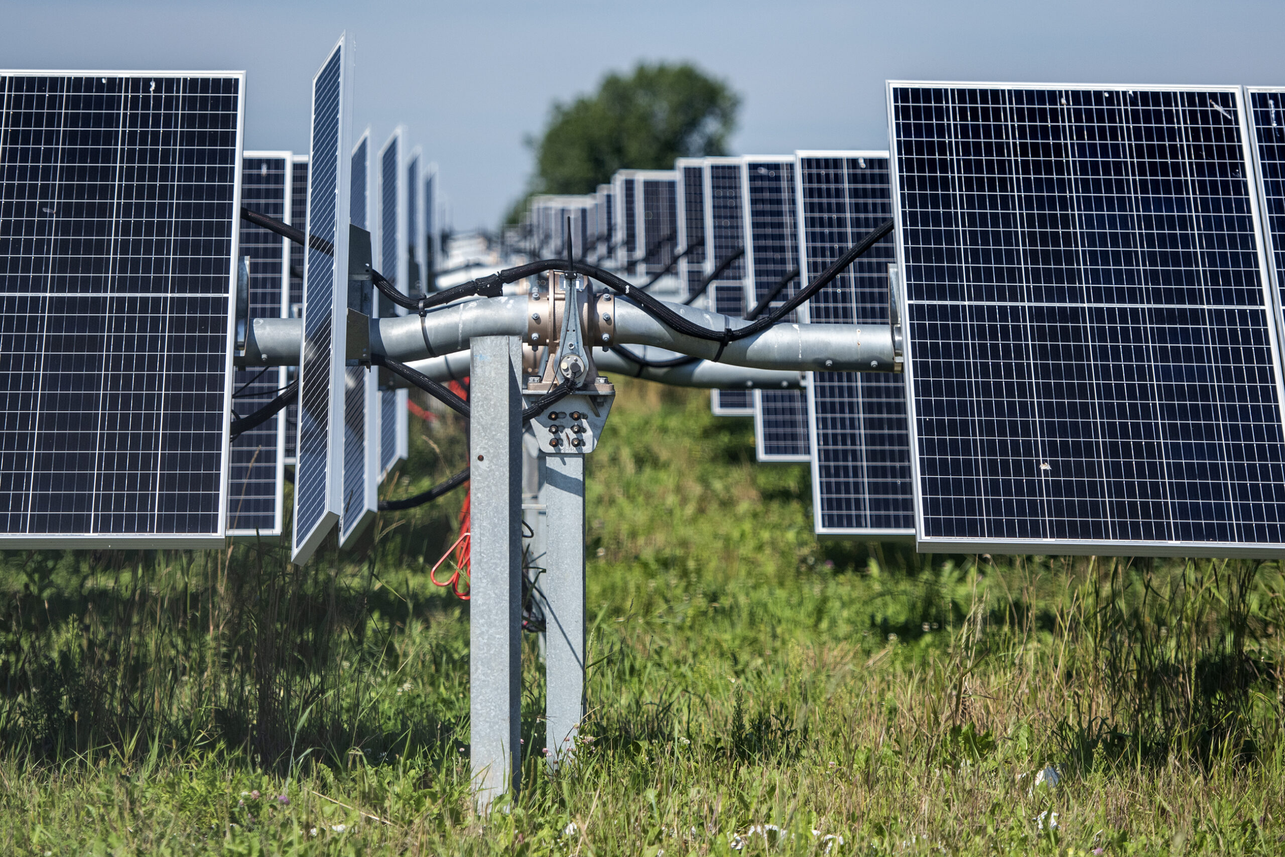 An up-close view of the hinges that help move the solar panels.