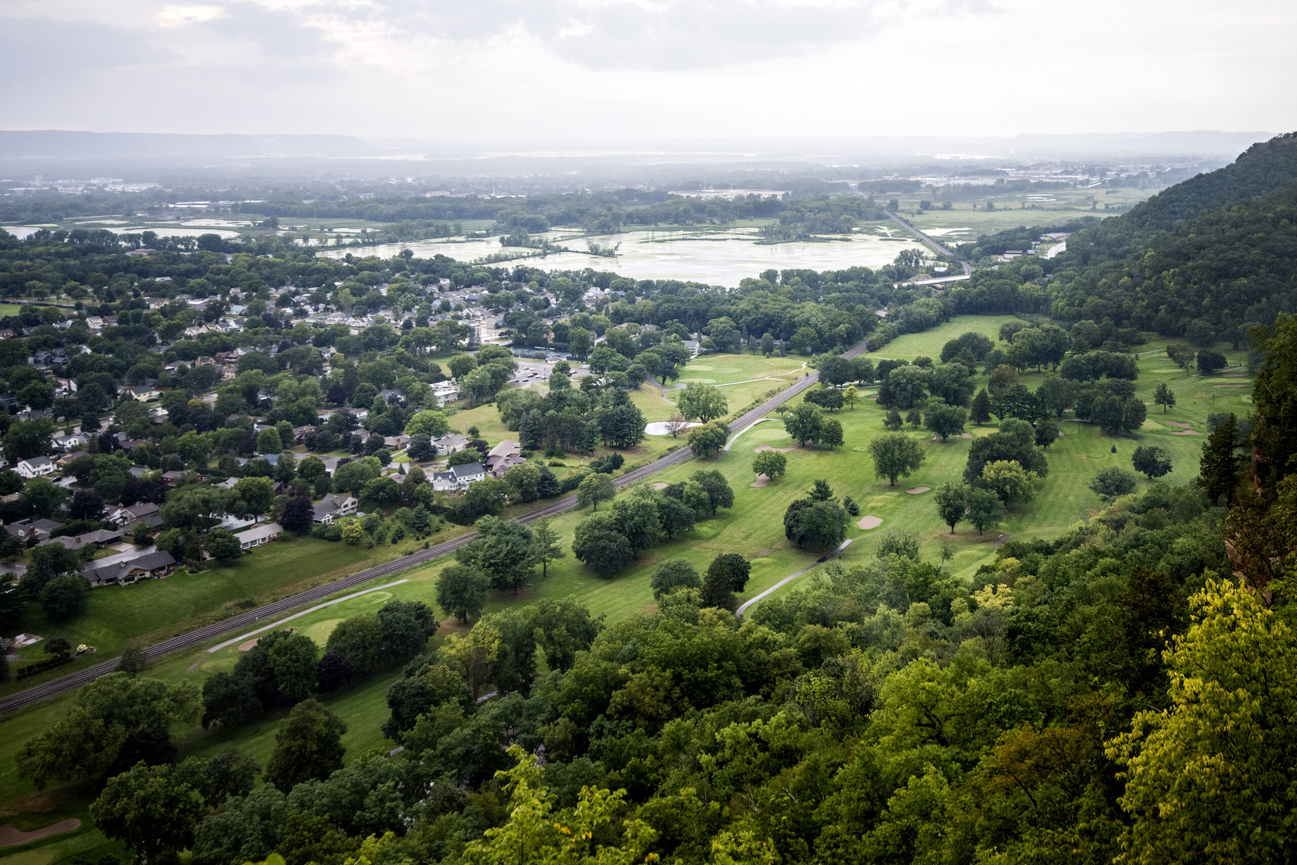 A golf course is seen from above.