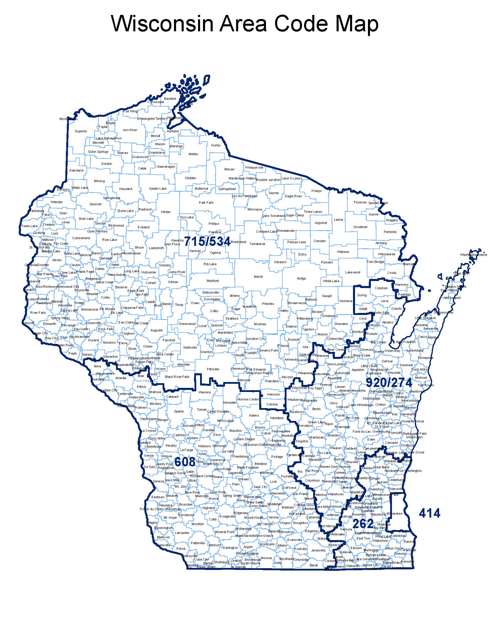 A map of Wisconsin area codes
