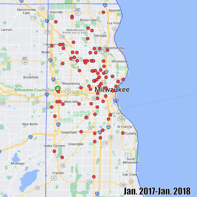 This gif shows the locations of recent traffic deaths in Milwaukee County