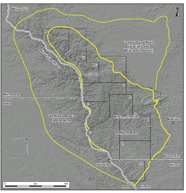 A map of southwestern Wisconsin that shows an area where glaciers aren't believed to have crossed