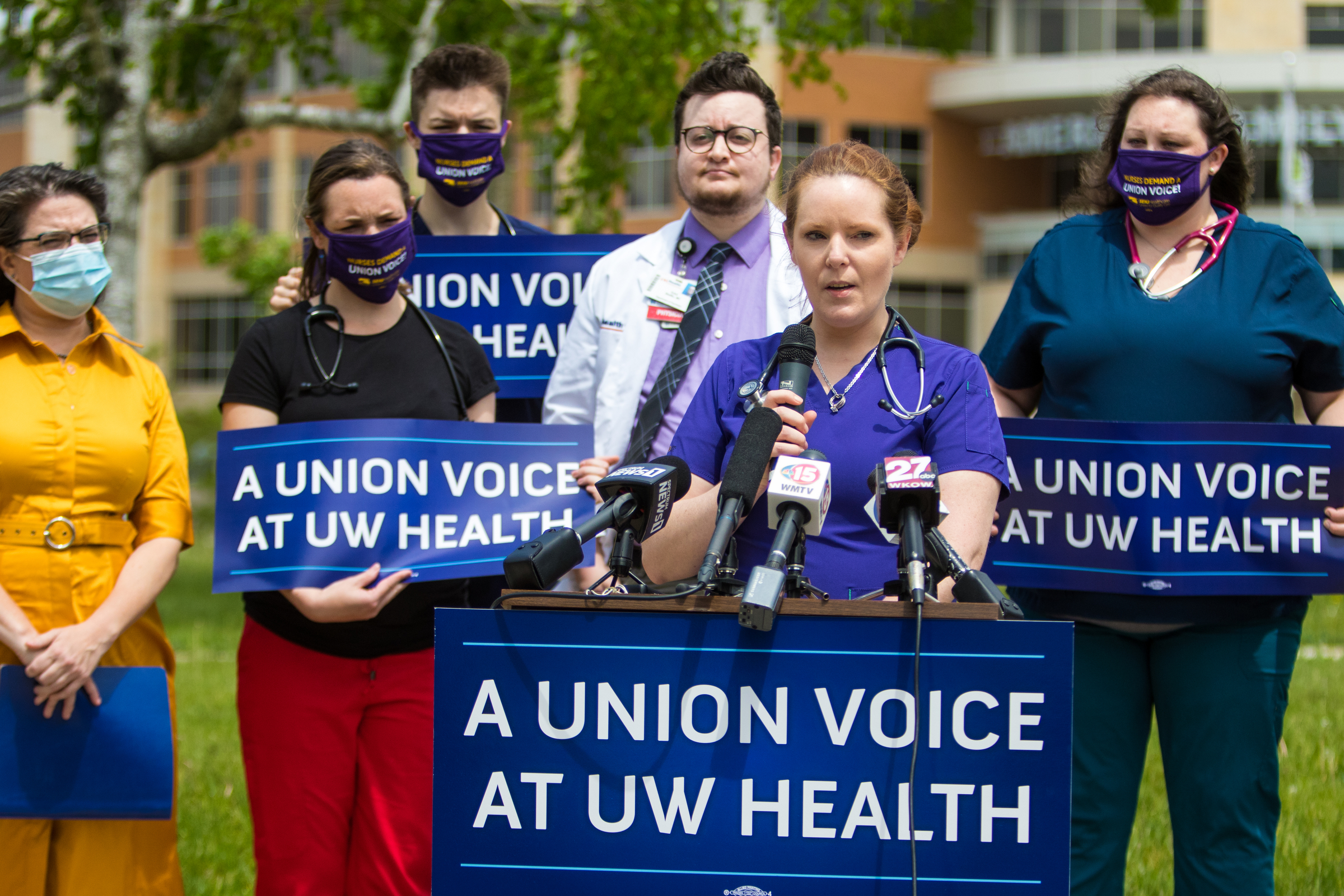 Registered nurse Tami Burns speaks during a May 2021 press conference