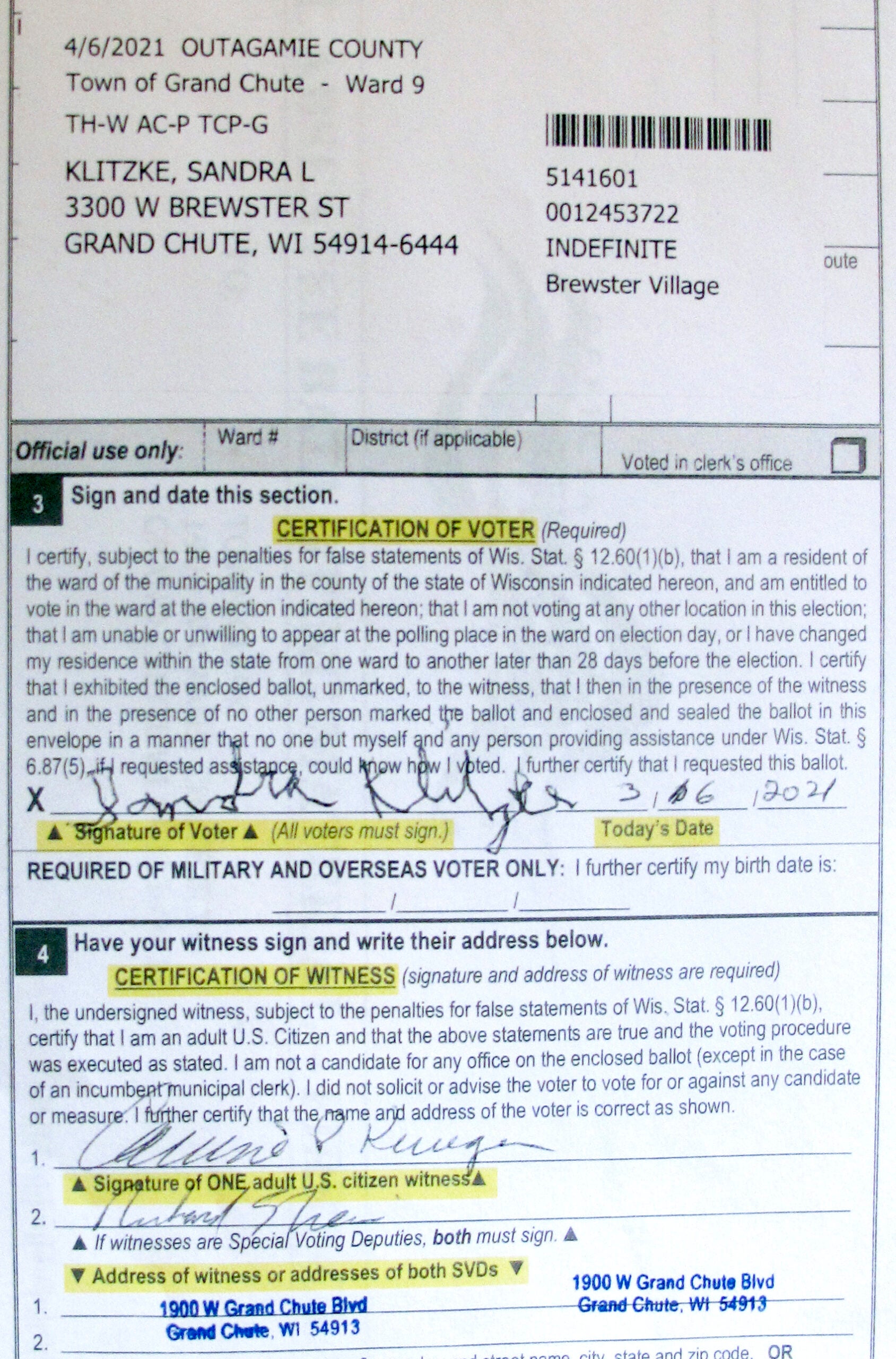 This absentee ballot envelope shows that Sandra Klitzke voted in 2021