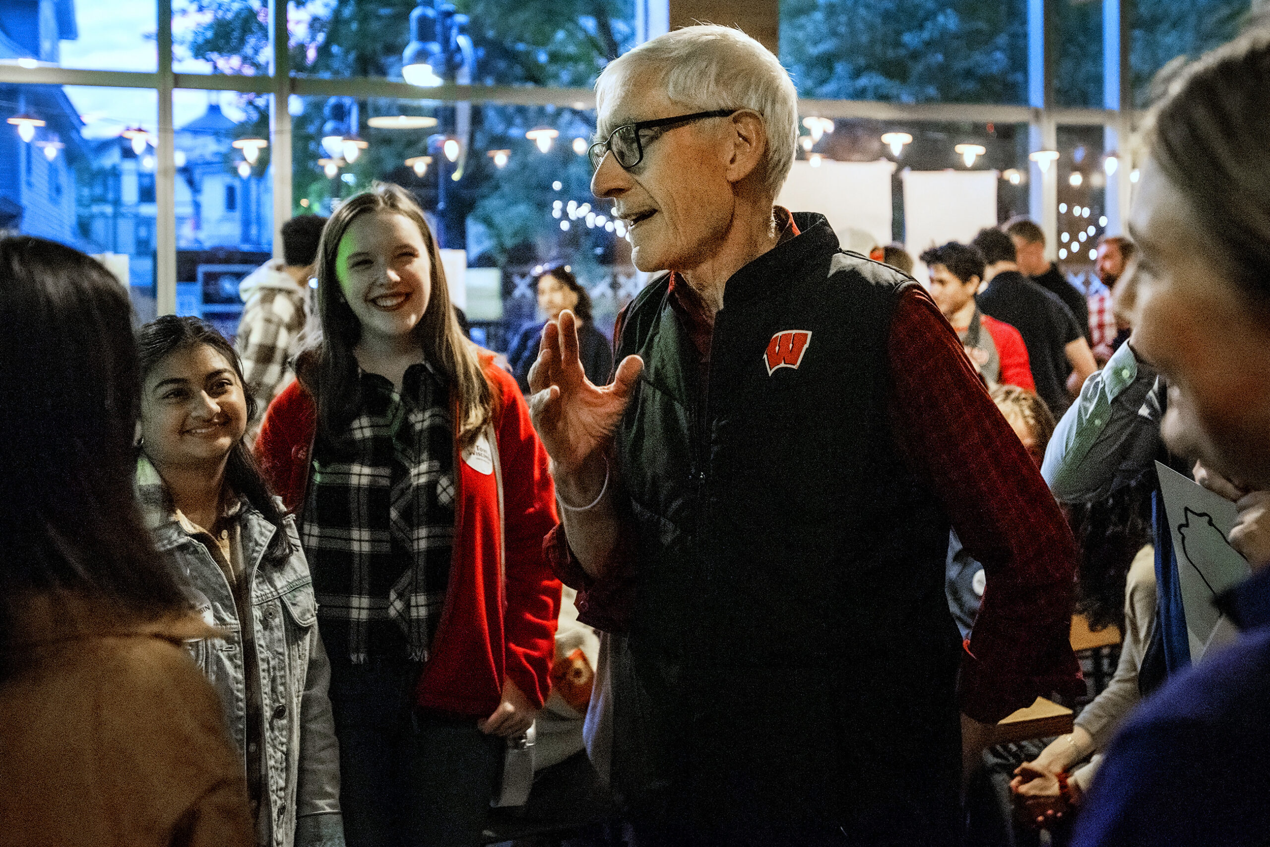 Gov. Tony Evers speaks to UW-Madison students who attended an event for his campaign.