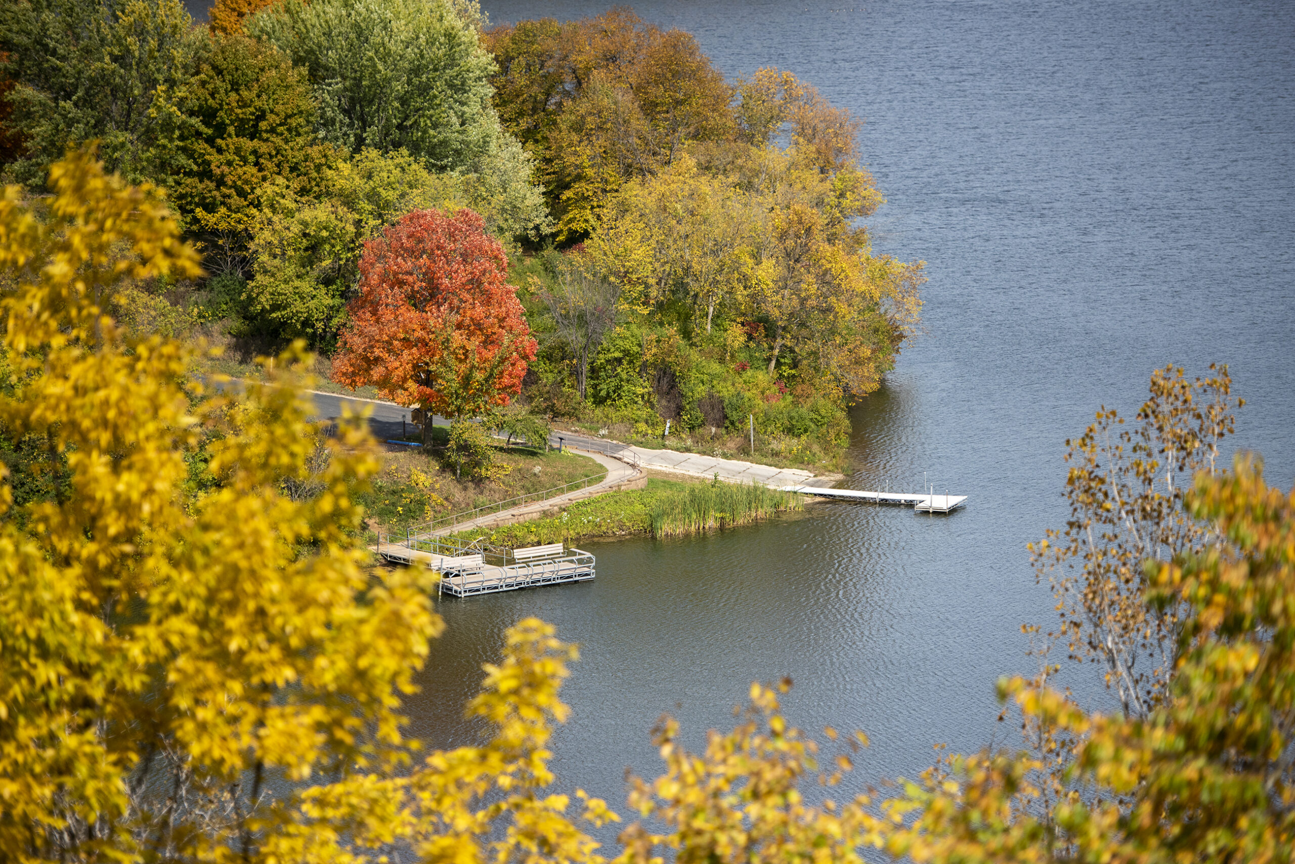 Yellow and red leaves surround a lake, seen from above.