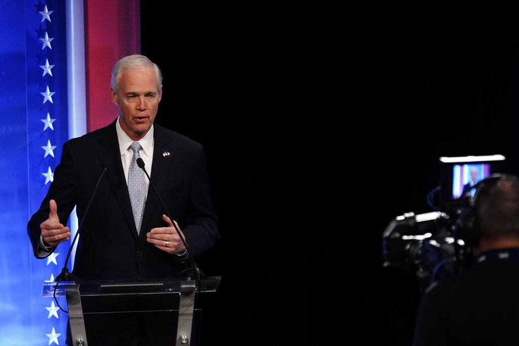 Republican U.S. Senate candidate Ron Johnson speaks during a televised debate Thursday, Oct. 13, 2022, in Milwaukee.
