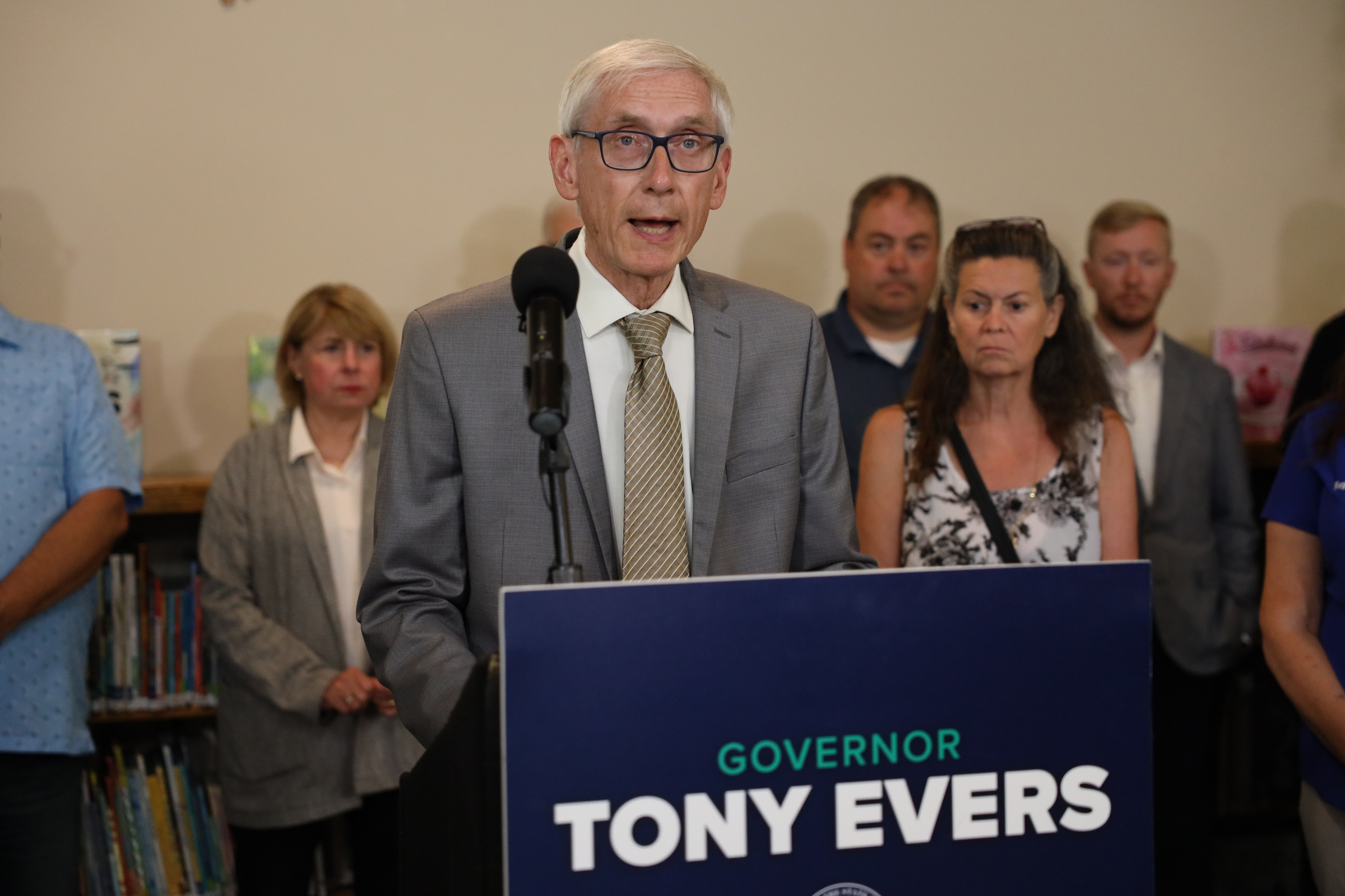 Gov. Tony Evers is pictured at a press conference in La Crosse