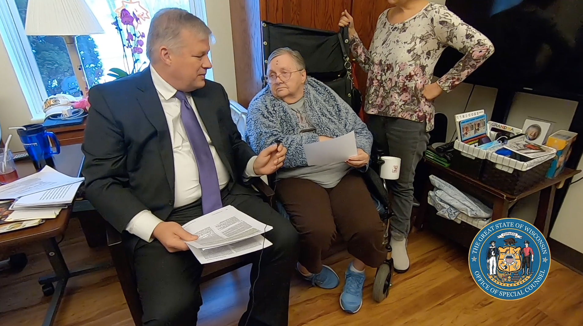 Thomas More Society lawyer Erick Kaardal interviews nursing home resident Sandra Klitzke