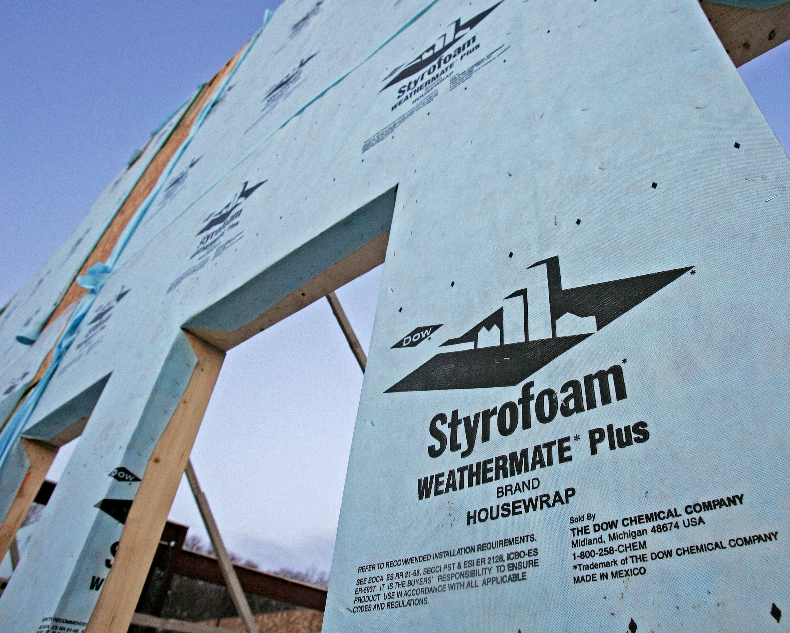 Dow Styrofoam is used on the exterior of a building under construction.