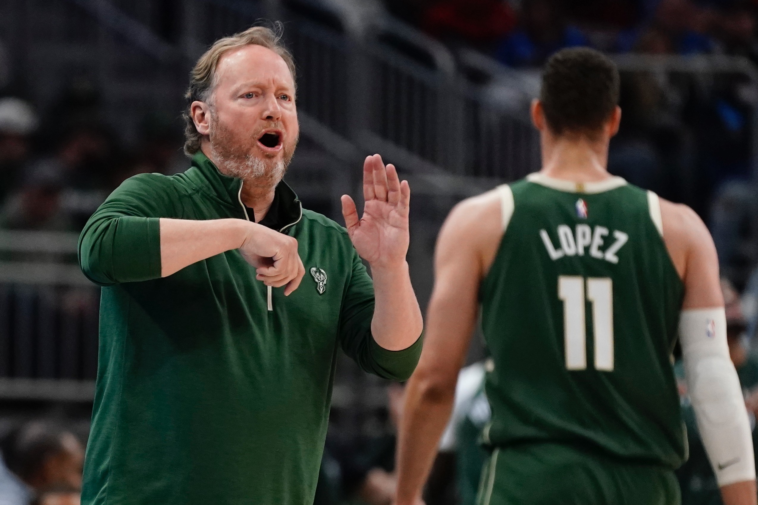 Milwaukee Bucks head coach Mike Budenholzer reacts during the first half of Game 5