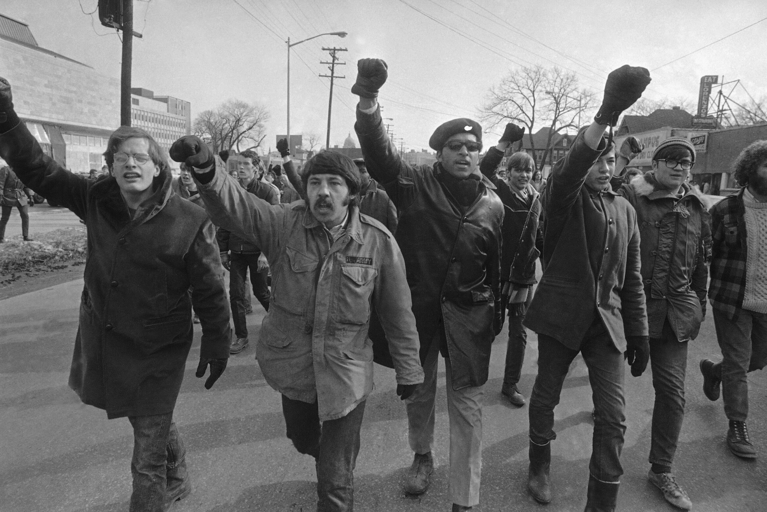 Demonstrators march in support of black students in 1969 at UW-Madison.