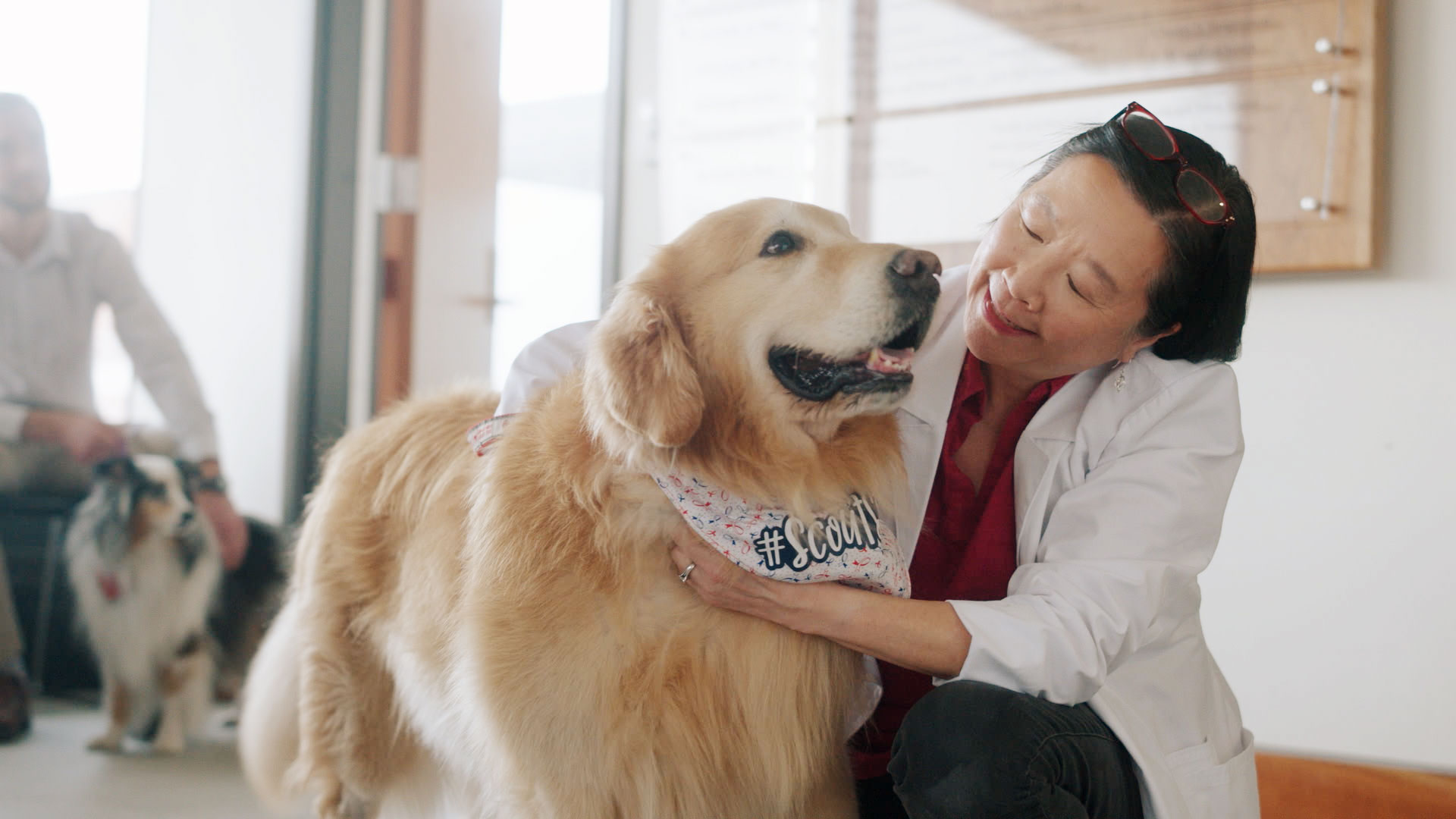 Ruthanne Chun embraces Scout in the oncology waiting room