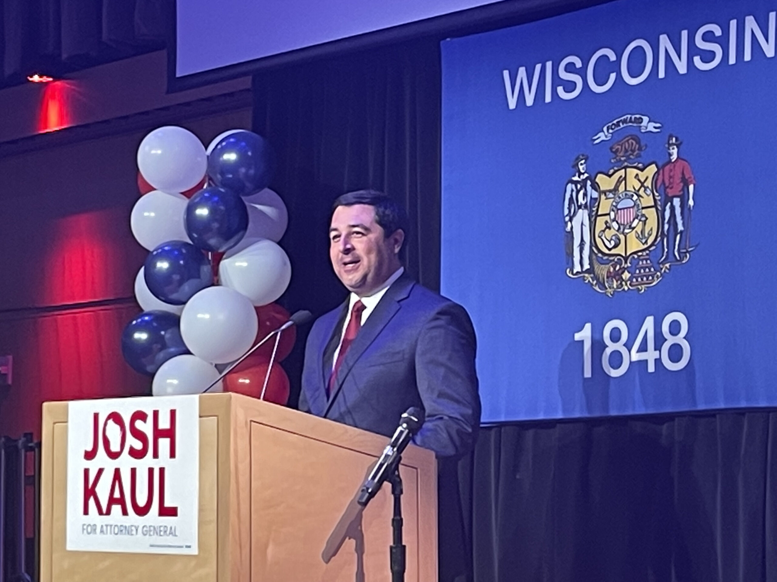 Josh Kaul addresses a crowd on the night of the midterm election, Nov. 8, 2022