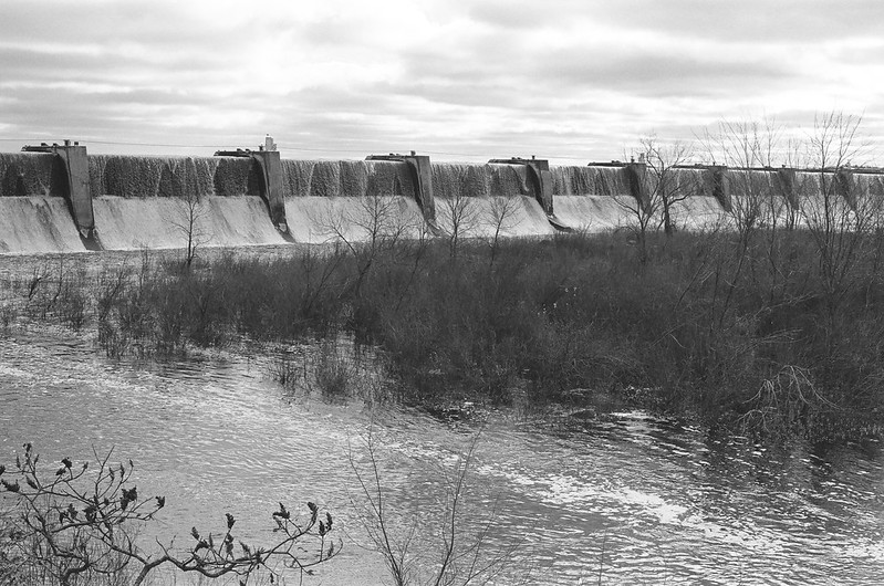 A black and white photo of a dam on the Chippewa River.