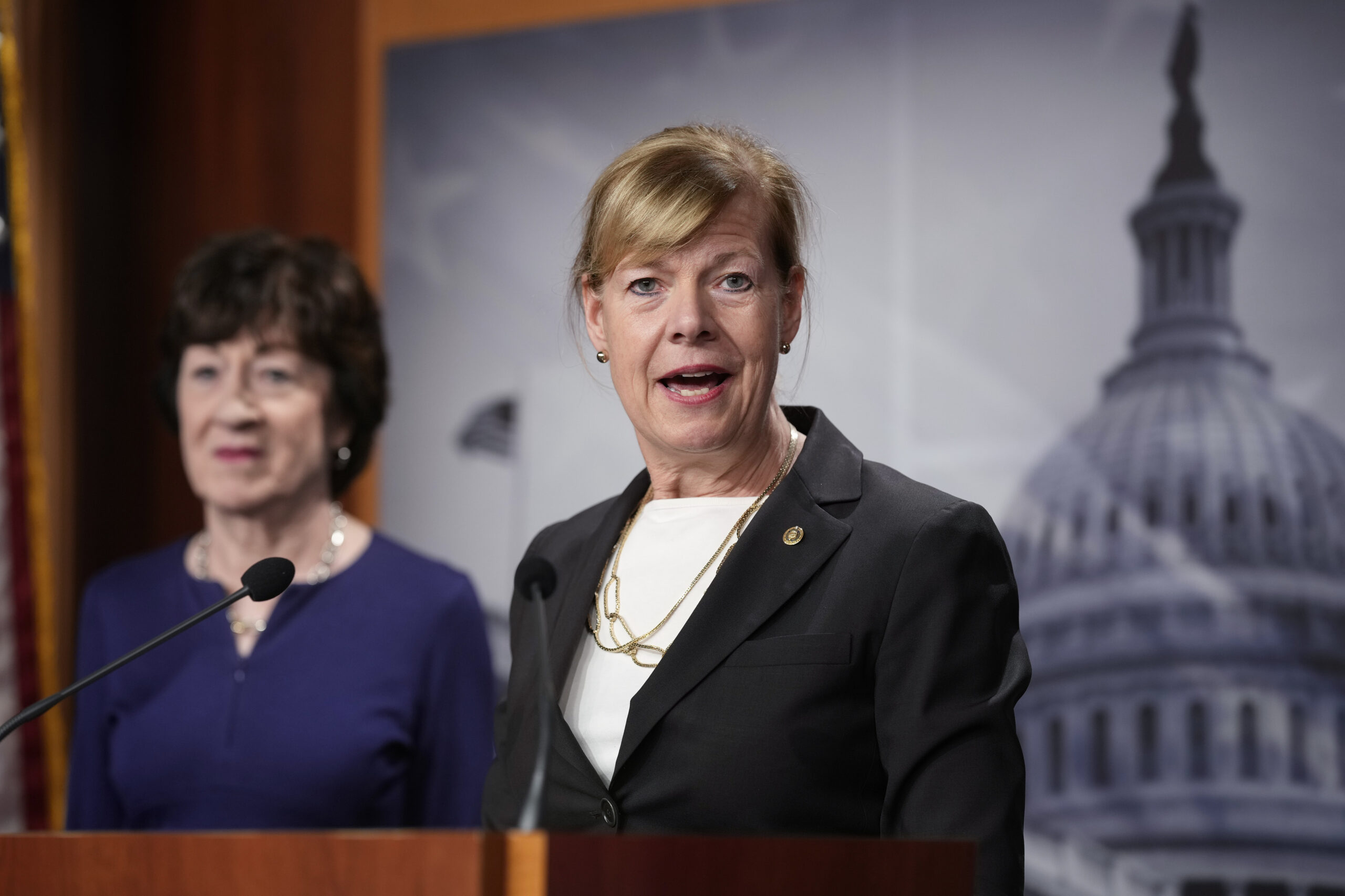 Sen. Tammy Baldwin speaks to reporters following Senate passage of the Respect for Marriage Act.