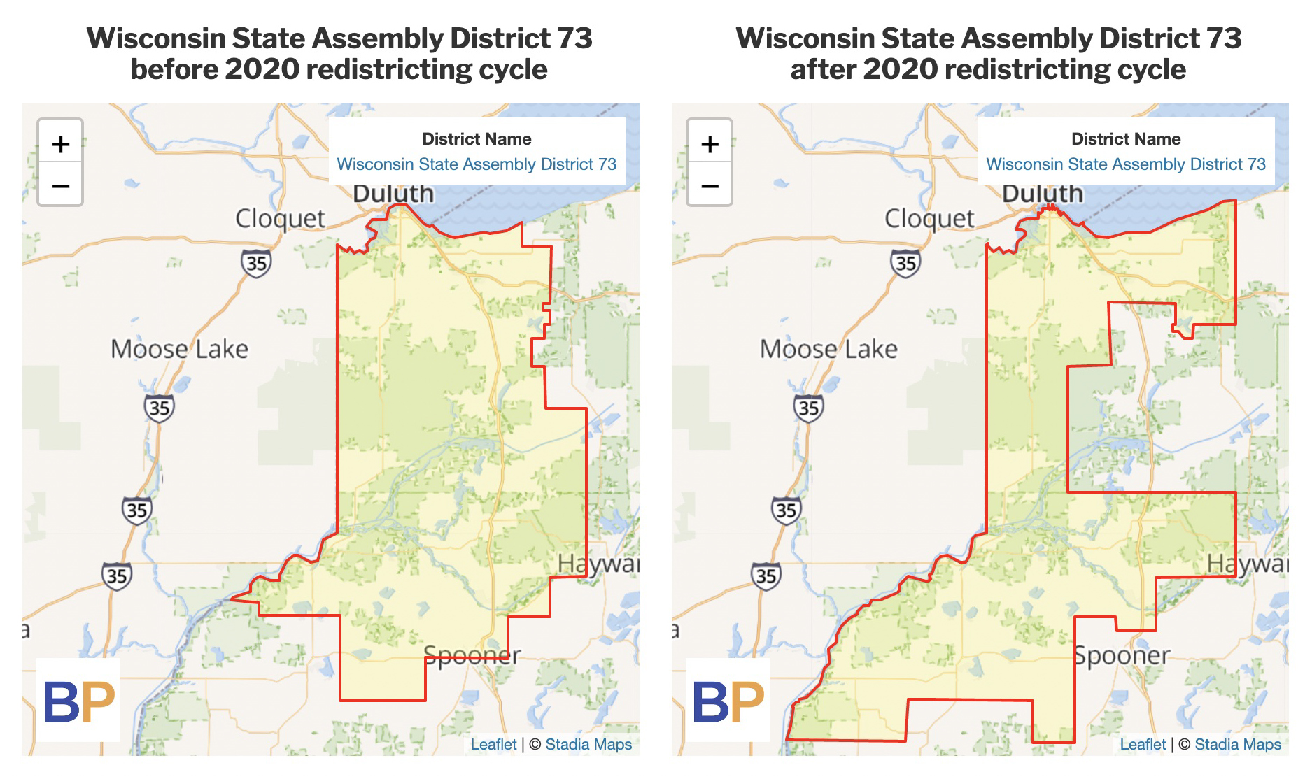 73rd Assembly District boundaries before and after redistricting