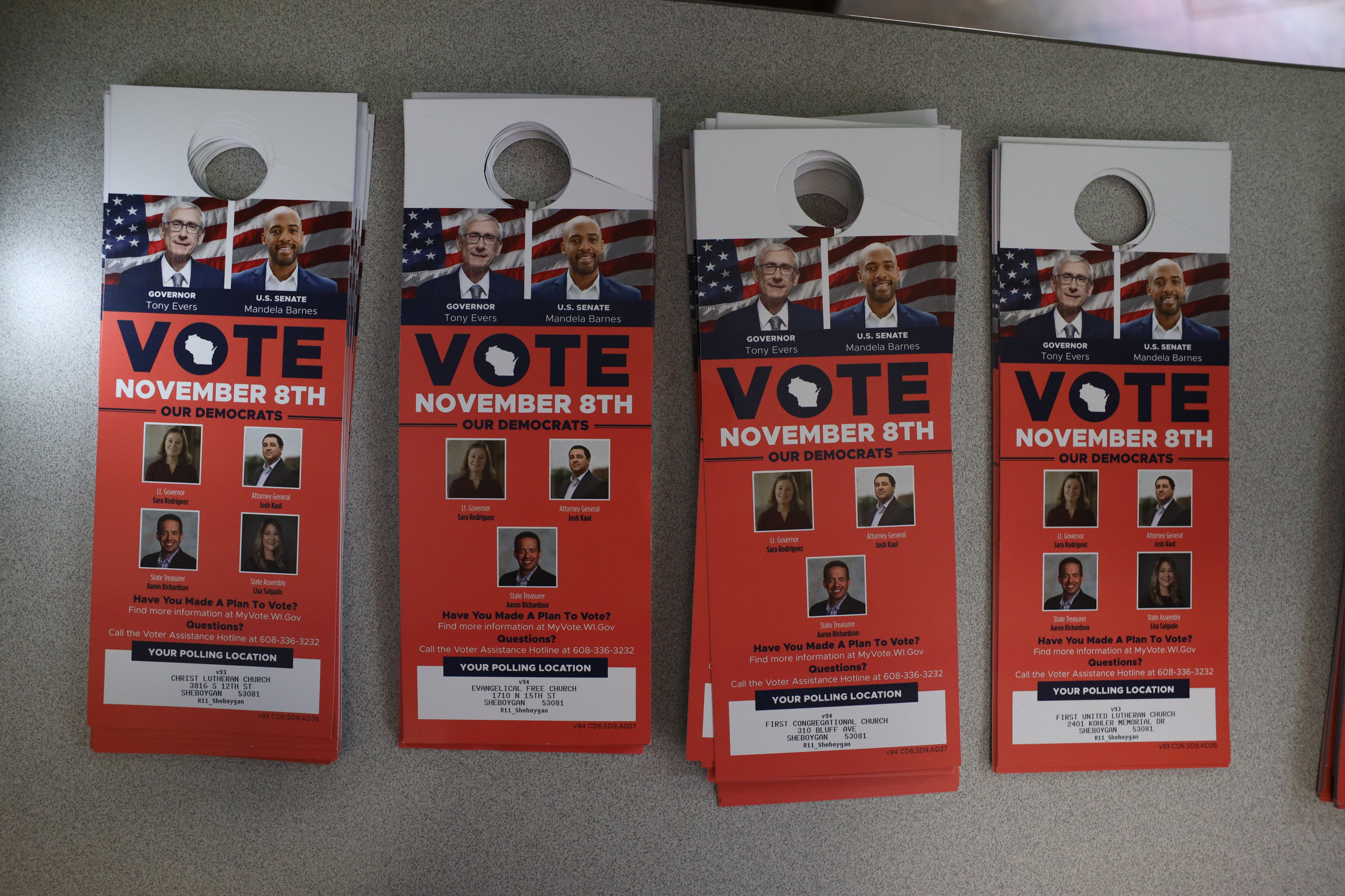 Door fliers for Tony Evers and Mandela Barnes are seen at the Sheboygan County Democratic Party headquarters