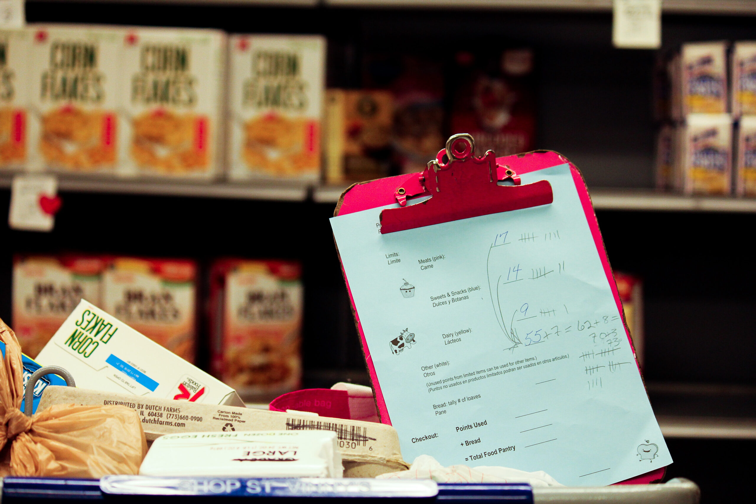 A food group checklist is seen in the shopping cart of a patron at the St. Vincent de Paul Society Food pantry