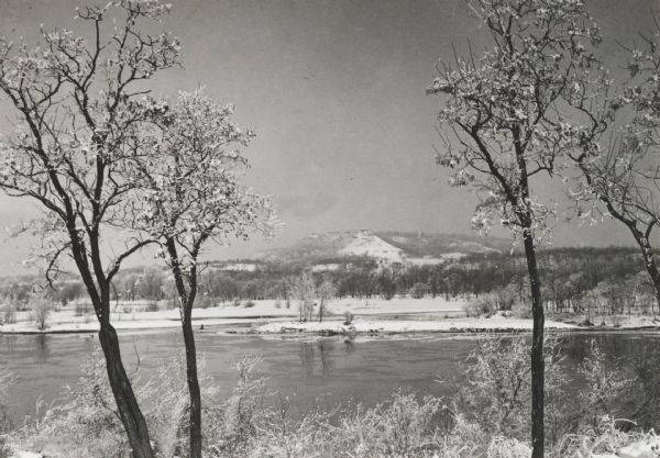 Winter vista across the Wisconsin River, with ice-coated trees, circa 1930