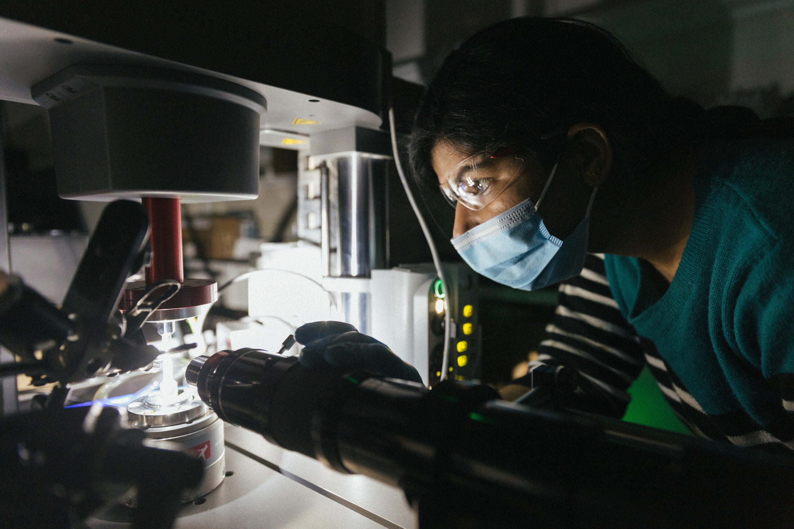 Postdoctoral research associate Komal Chawla studies the architected vertically aligned carbon nanotube foam in the lab