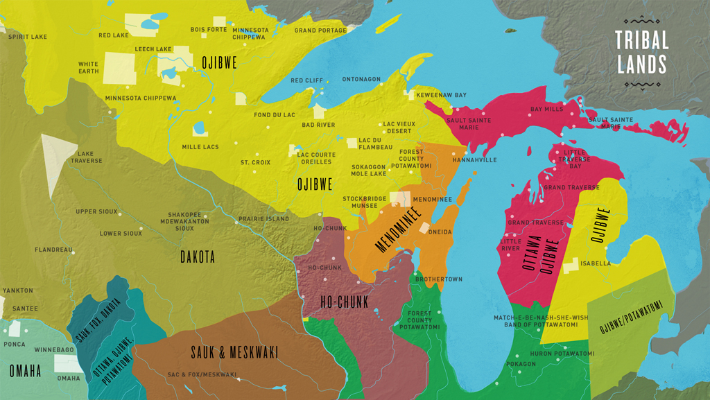 A colorful map of the Great Lakes area that outlines the historic lands of the native tribes.