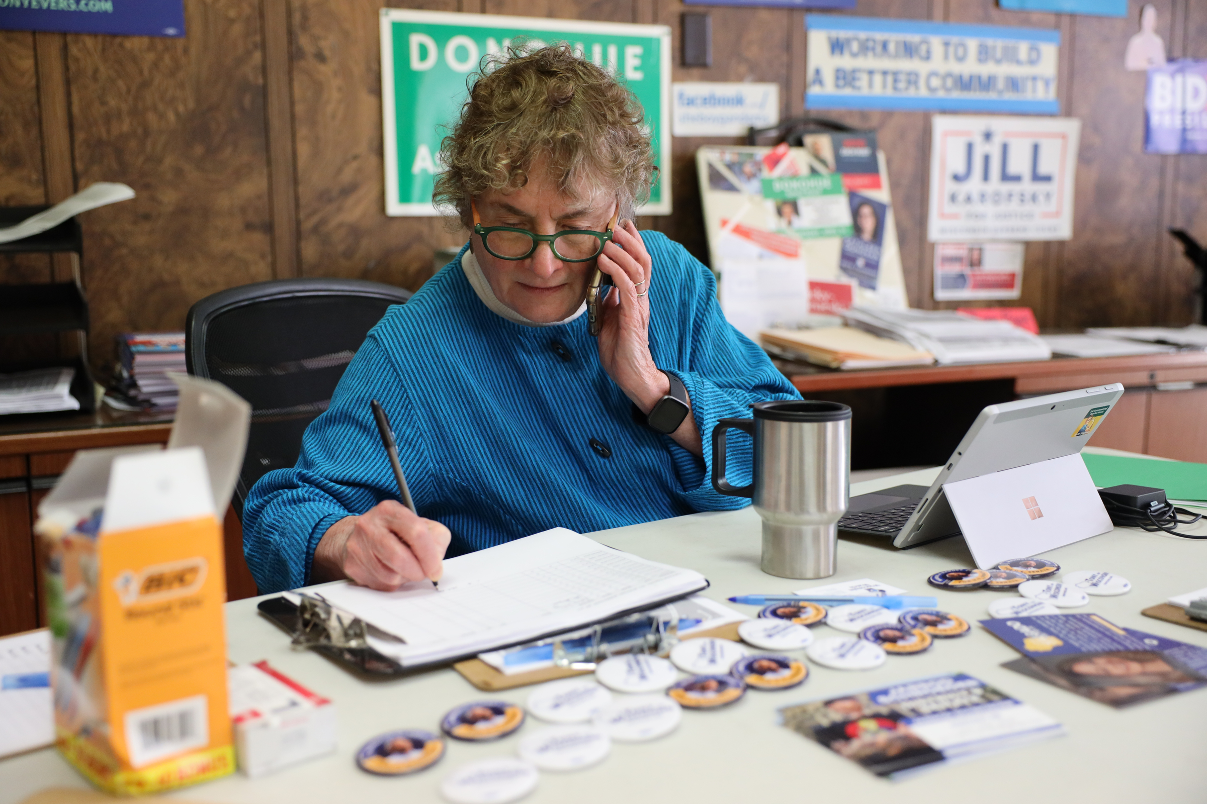 Mary Lynne Donohue, co-chair of the Sheboygan County Democratic Party, speaks with Sheboygan City Clerk Meredith DeBruin